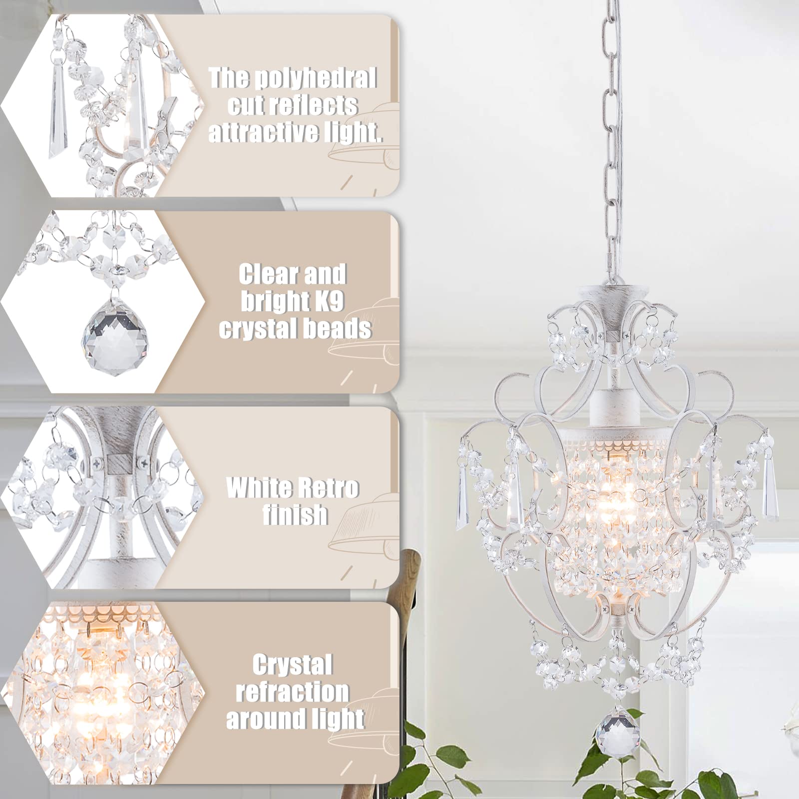 Modern Mini Chandelier,White Retro Crystal Light Fixtures Ceiling Mount 1 Light Small Crystal Chandeliers for Bedroom Elegant Crystal Hanging Lighting for Girls Room Dining Room Closet Kitchen Island