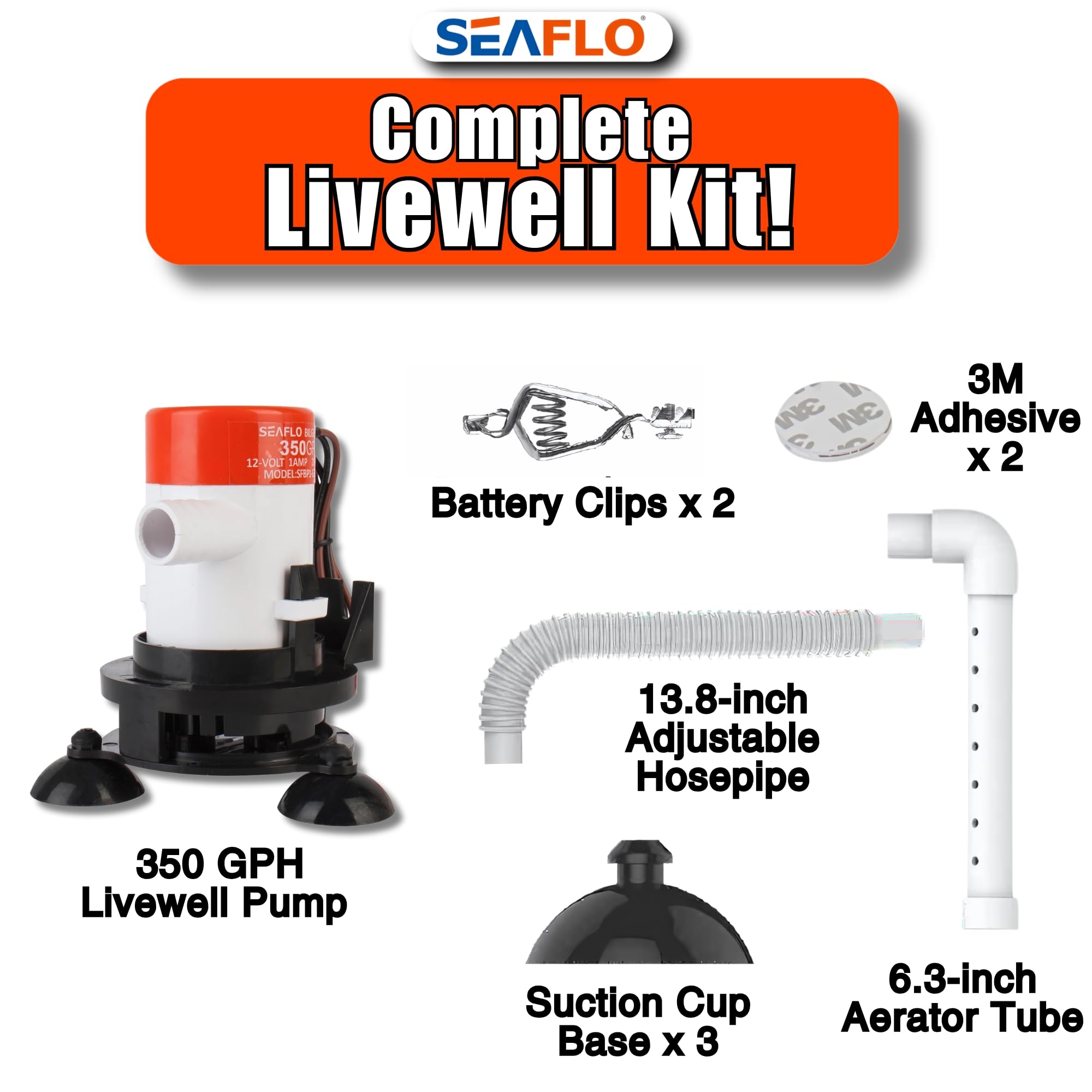 SEAFLO 10 Series Portable Livewell Aerator Kit - 12V, 350 GPH, Bait Pump, Submersible, Corrosion-Resistant, Efficient Oxygenation, Fresh/Saltwater Use, CE & ROHS Certified, 4-Year Warranty