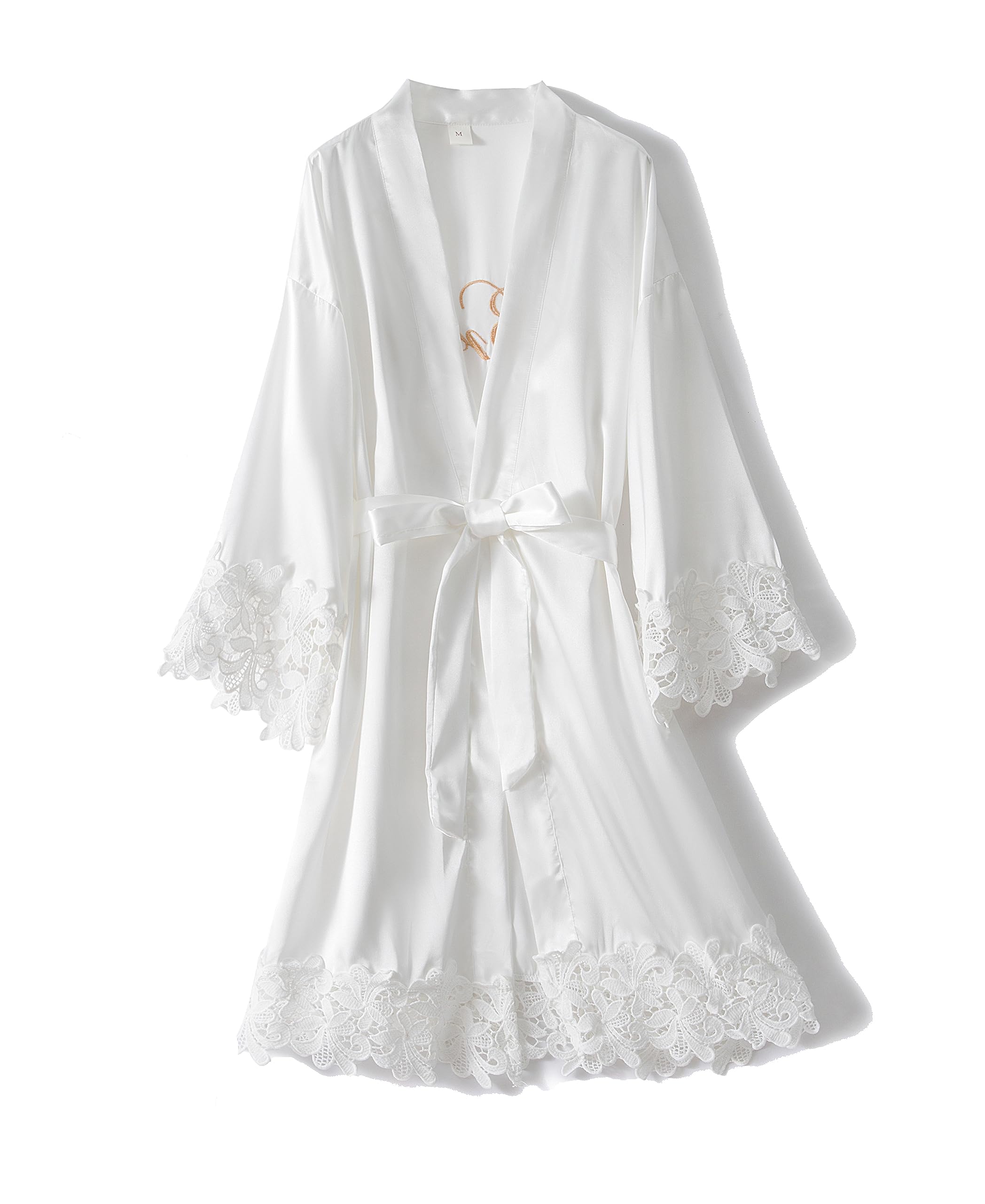 Crystal Dew Women's Lace Trim Bride Kimono Robes with Embroidery Bridal Silky Satin Bathrobe Wedding Party Sleepwear