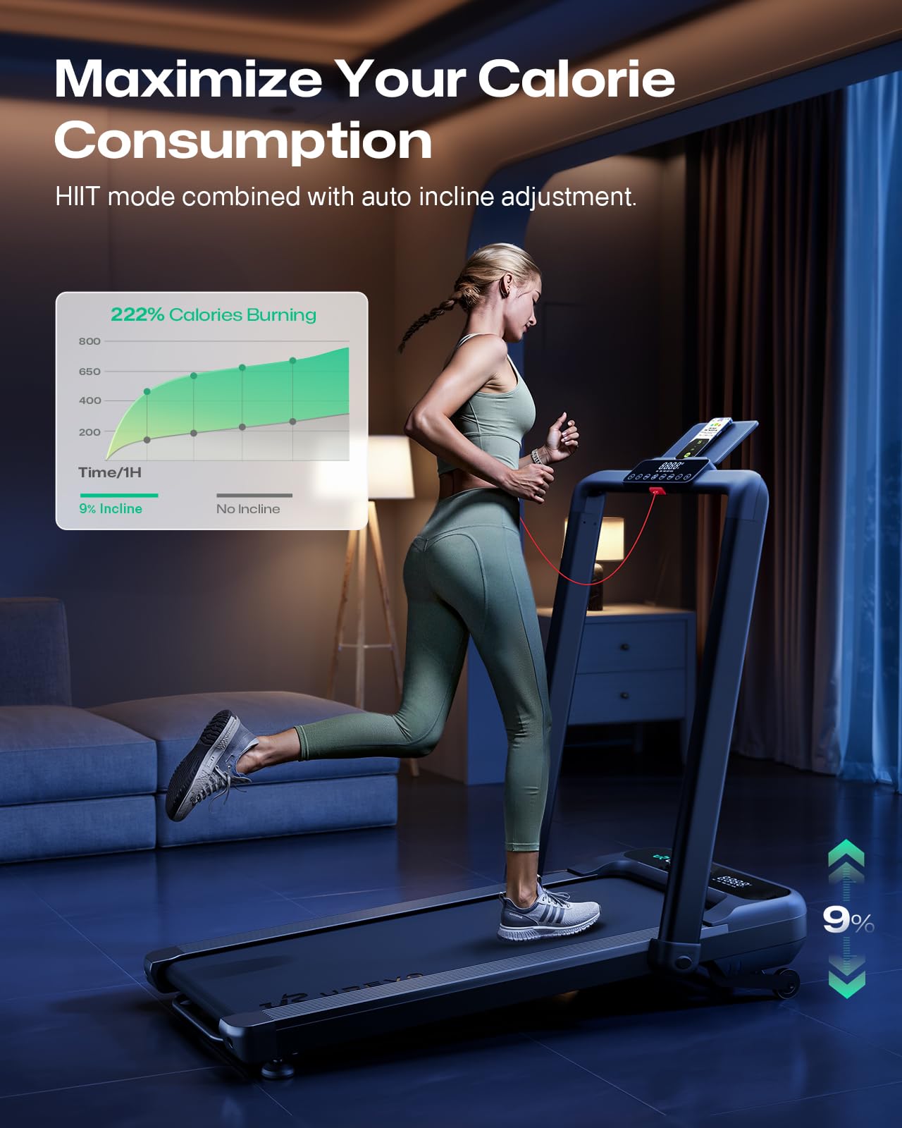 UREVO Smart Treadmill with 9% Incline, 3-in-1 Foldable Treadmill with Handle for Home/Office Fitness, Runner-Focused Design, 6 HIIT Programs & Auto Incline Follow Mode, 2 Display Screens, Plug & Play