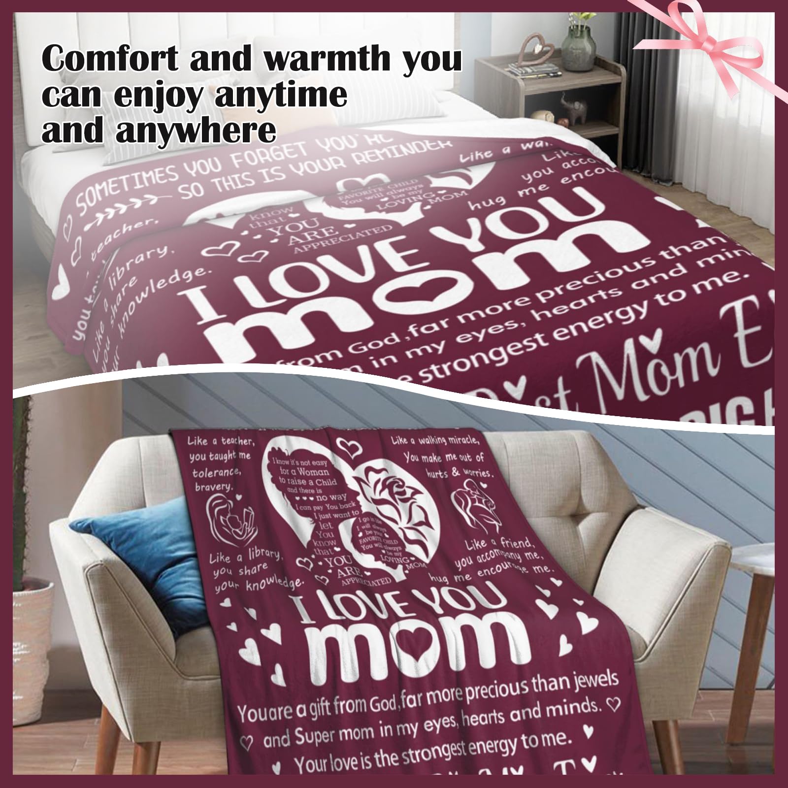 Leevcok I Love You Mom Blanket for Mom, Valentines Gifts for Mom from Daughter Son, Birthday Gifts for Women Who Has Everything, Blanket Gift for Her, I Love You Mom Throw Blanket 60"×50"