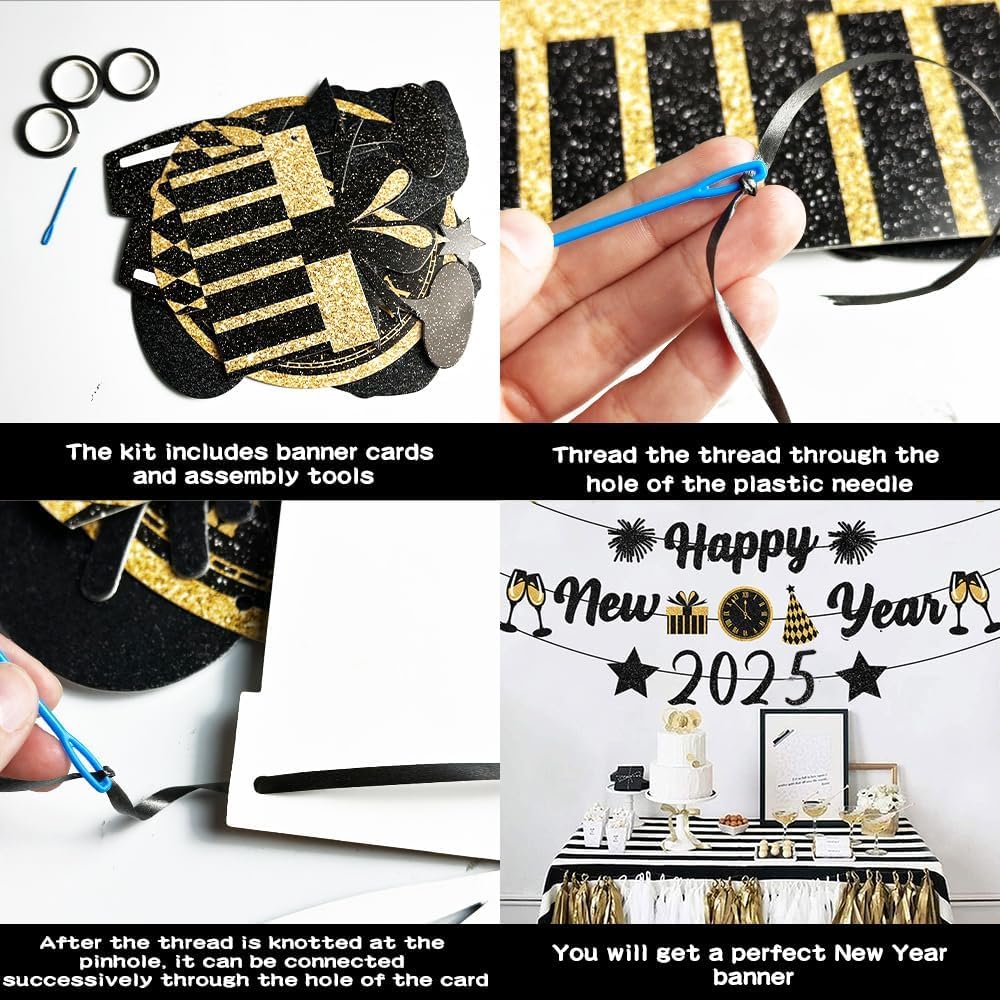 IMISHM Black Gold New Years Decorations 2025 Glitter Happy New Year Banner New Years Eve Party Supplies New Years Eve Decorations Happy New Year Sign For New Year Party Decorations