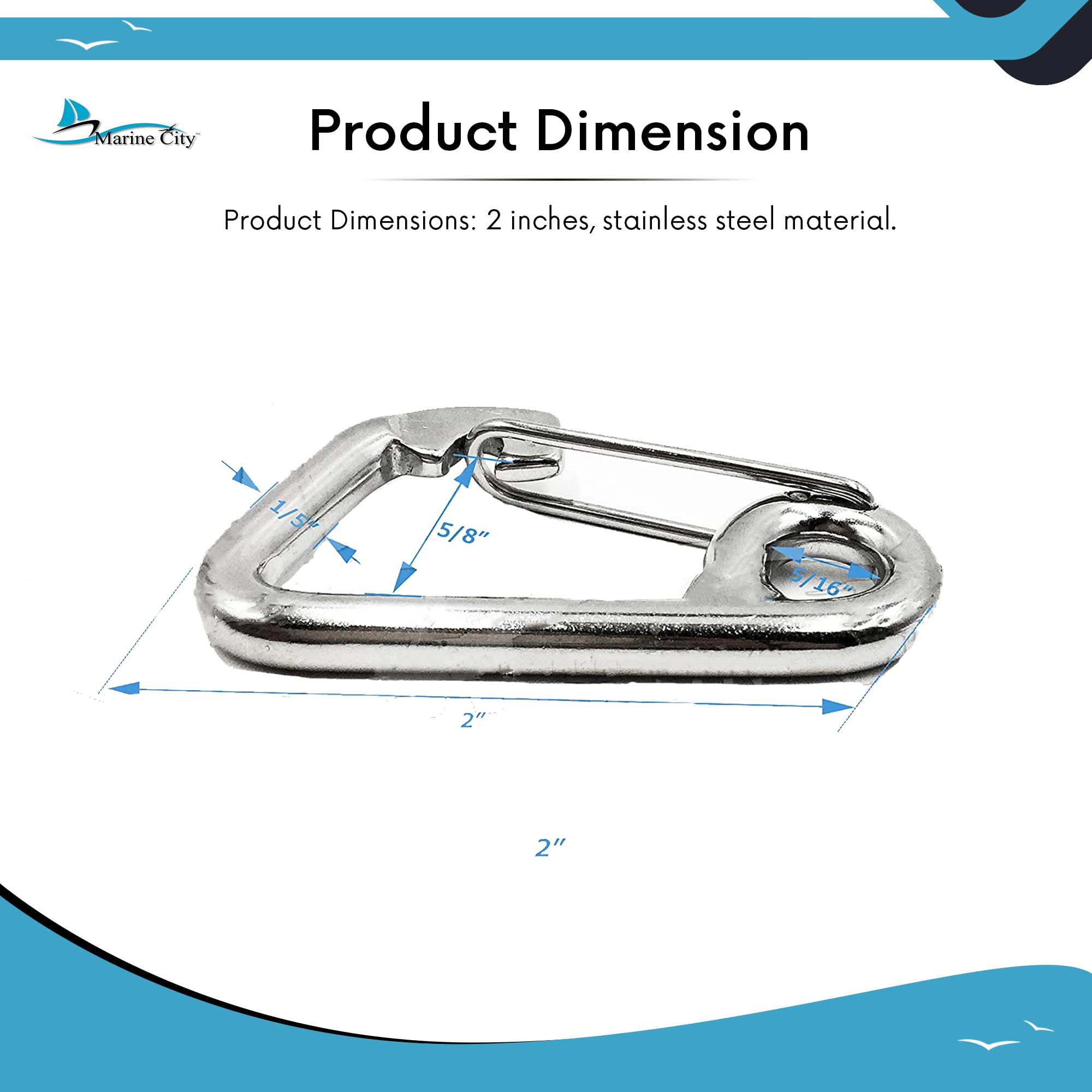 MARINE CITY 316 Grade Stainless Steel Carabiner Spring Snap Hook with Ring 2 Inches for Climbing – Fishing – Hiking (Pack of 1)