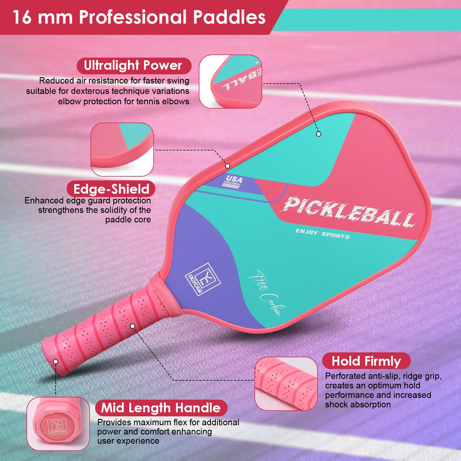 YC DGYCASI 16mm Pickleball Paddles Professional, USAPA Approved, T700 Carbon Fiber Pickleball Paddle Thermoformed, High Grit & Spin, 5.5” Elongated Handle, Handle Girth 4.25”, 8.3oz, with Cover Case