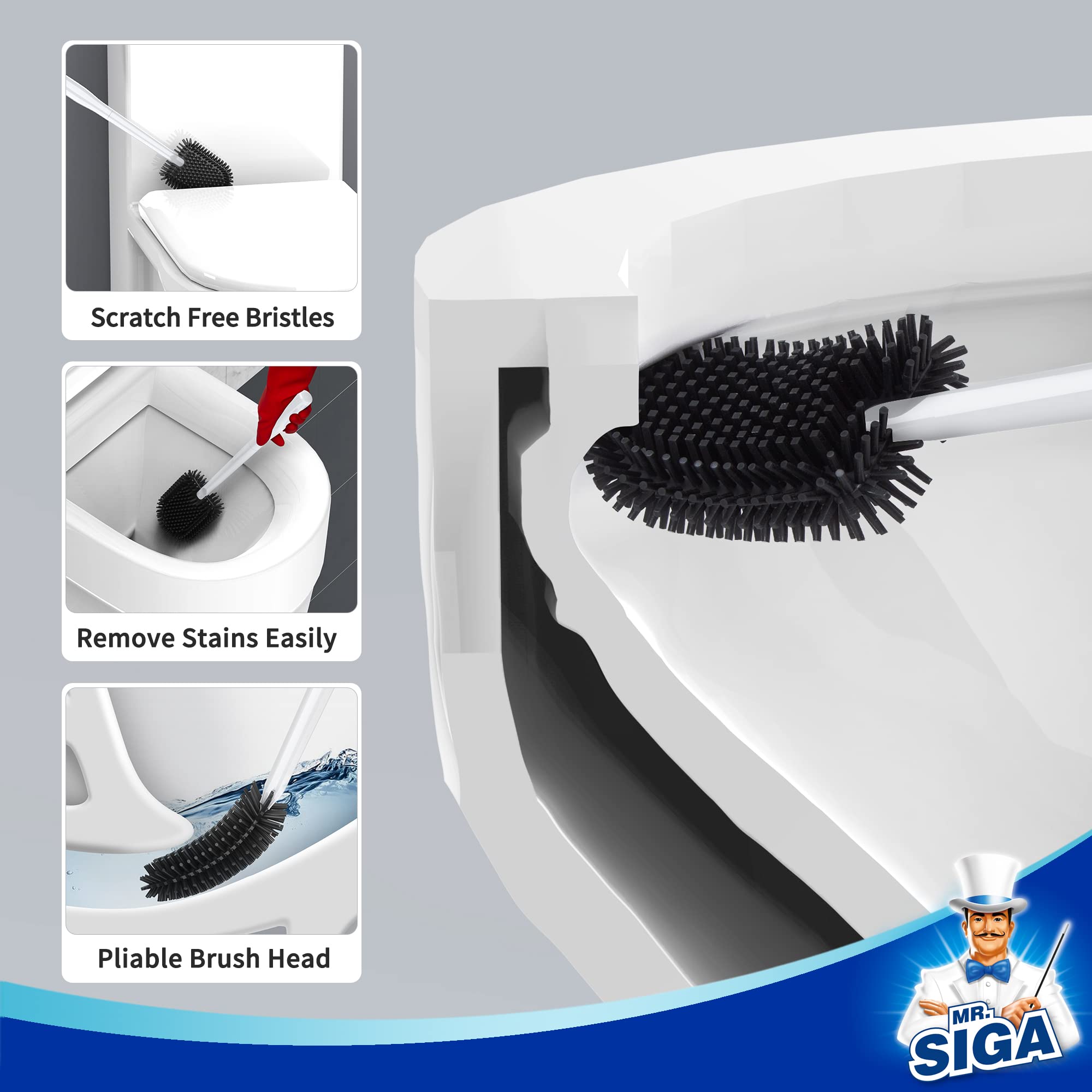 MR.SIGA Toilet Bowl Brush and Holder, Durable and Flexible Bristles, Wall Mounted Toilet Brush for Bathroom Cleaning, White, 1 Pack