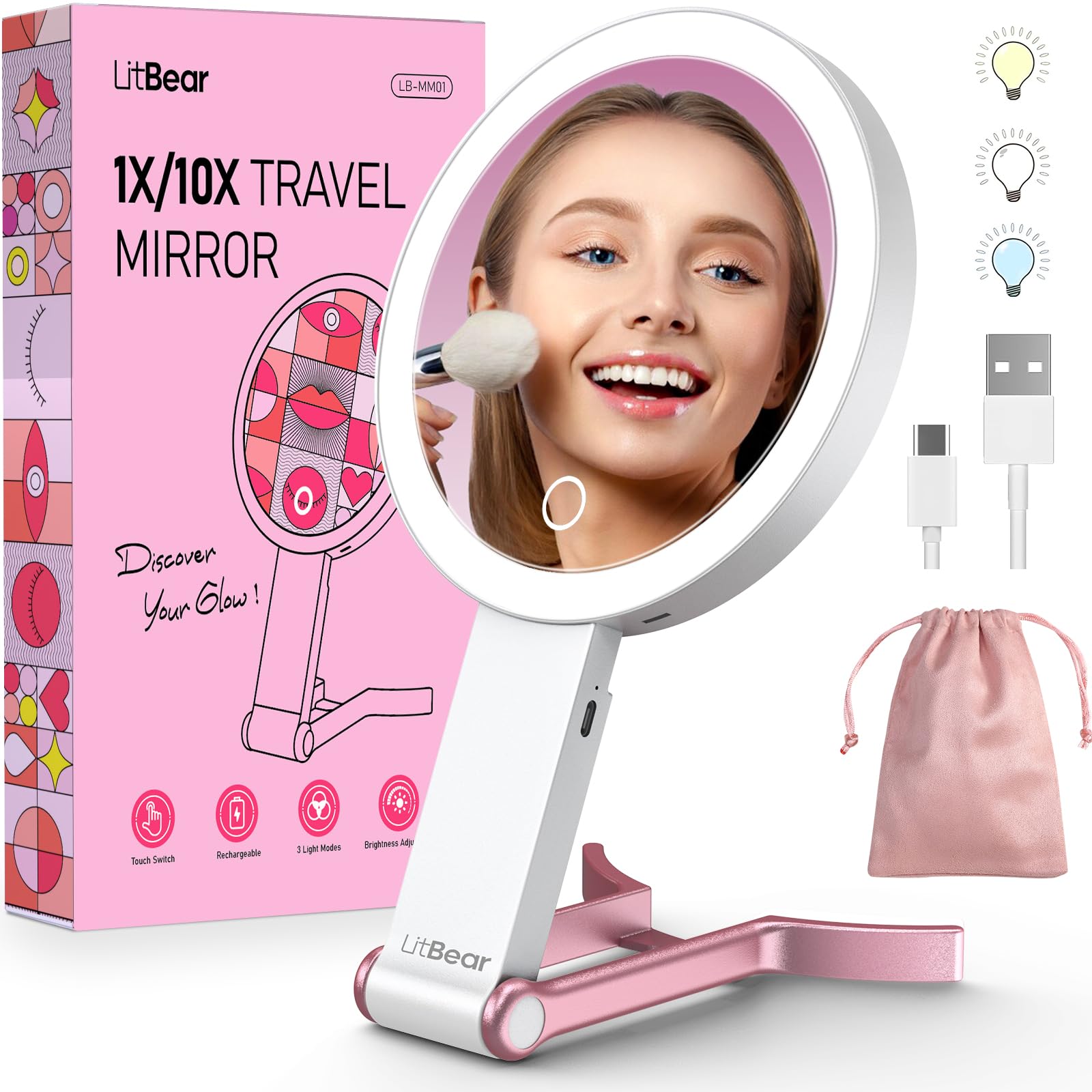 LitBear Travel Makeup Mirror with Lights, Rechargeable Double Sided 10X /1X Magnifying Mirror, Portable Lighted Beauty Mirror, 3 Color Lighting, Dimmable Touch Screen, Tabletop Handhold Hanging