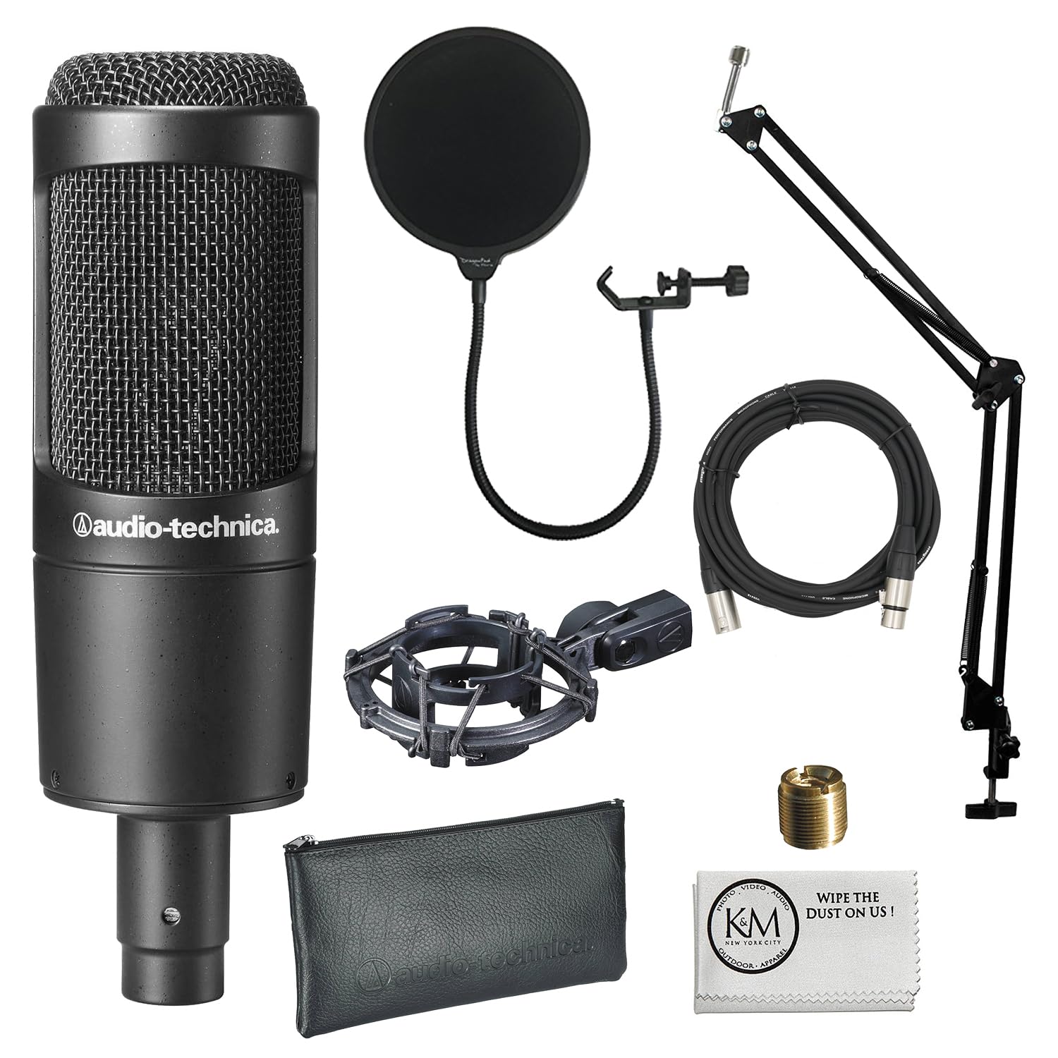 Audio-Technica AT2035 Cardioid Condenser Microphone Bundled with 20ft XLR Cable + Pop Filter + Microphone Arm (4 Items)