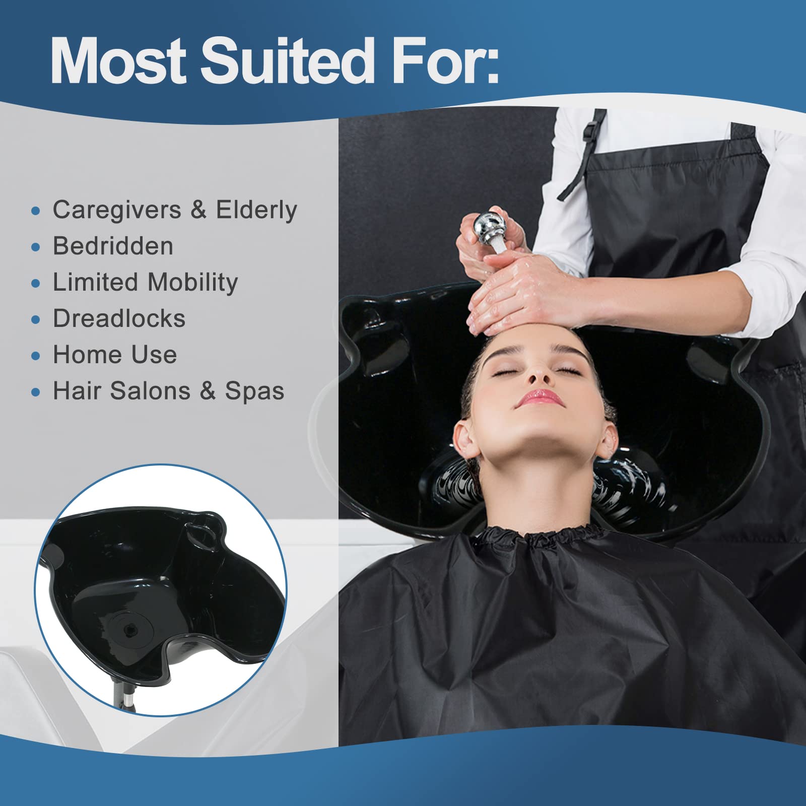 Nova Microdermabrasion Height Adjustable Portable Salon Deep Shampoo Basin Sink Hair Treatment Bowl with Drain Hose Black