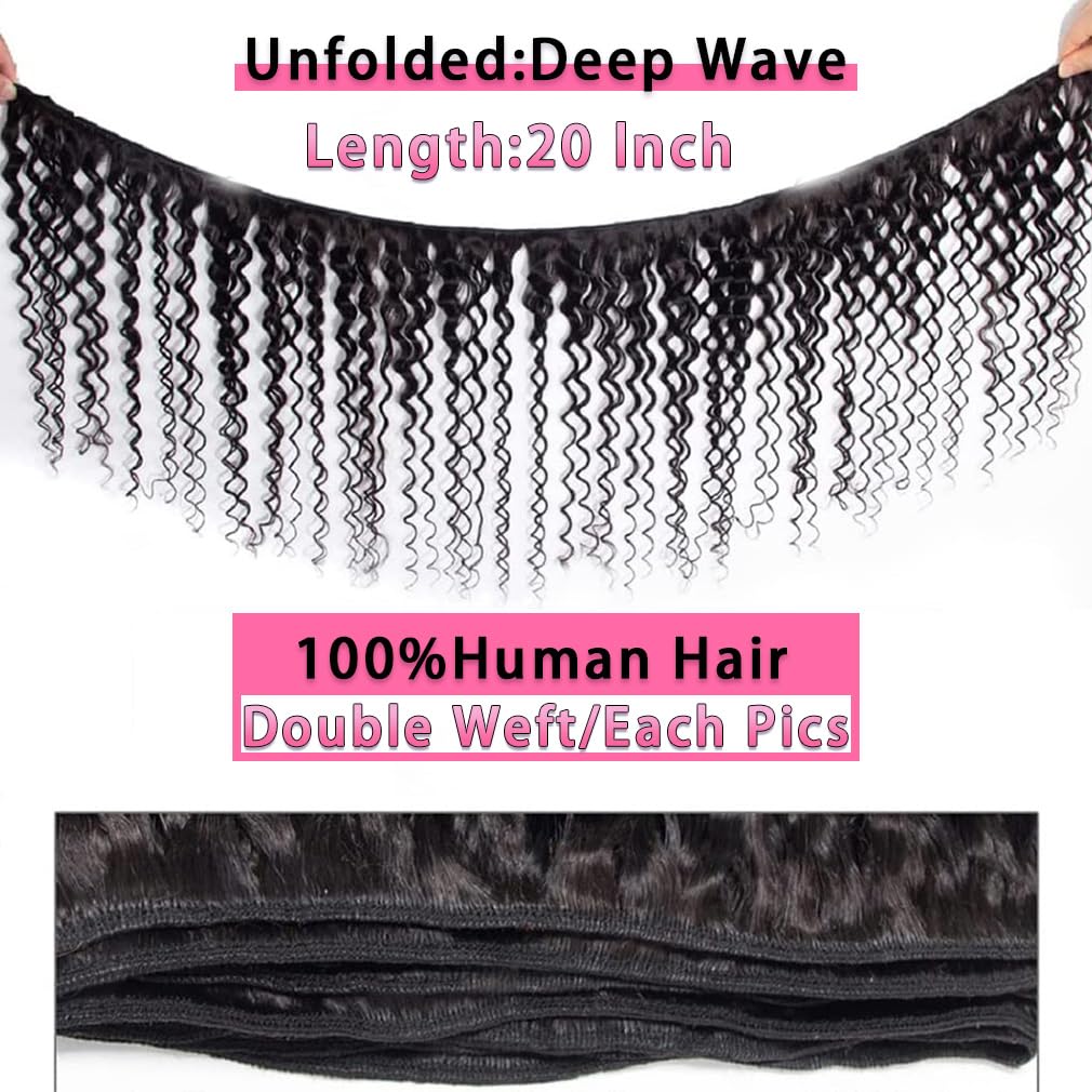 Deep Wave Bundles Human Hair Brazilian Virgin Hair Bundles（18 20 22 inch）Curly Bundles Wet and Wavy Human Hair Weave Bundles Double Weft Hair Weave Natural Black