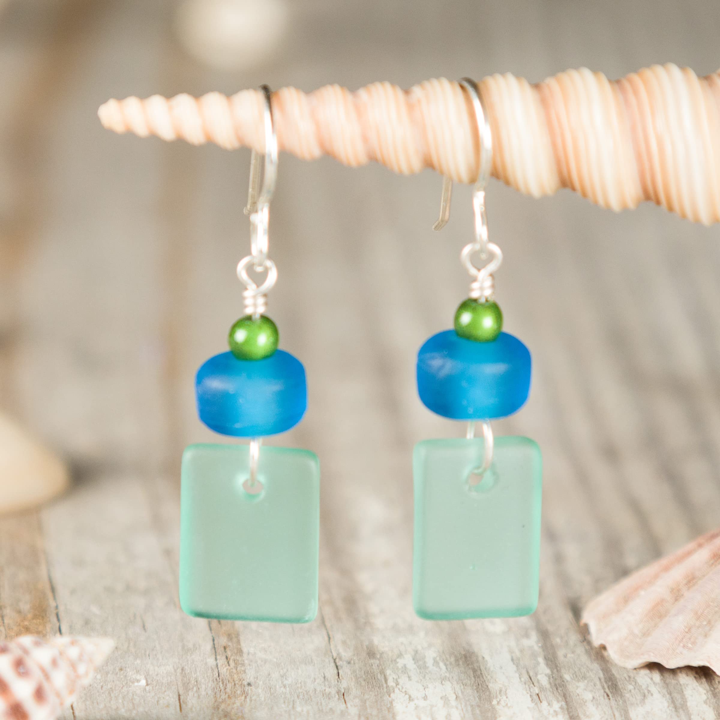 Sea Glass Mystic Earrings (Ocean - Marine) Sterling Drop Beach Earrings for Women by EcoSeaCo, using recycled and sustainable material. Handmade in the USA