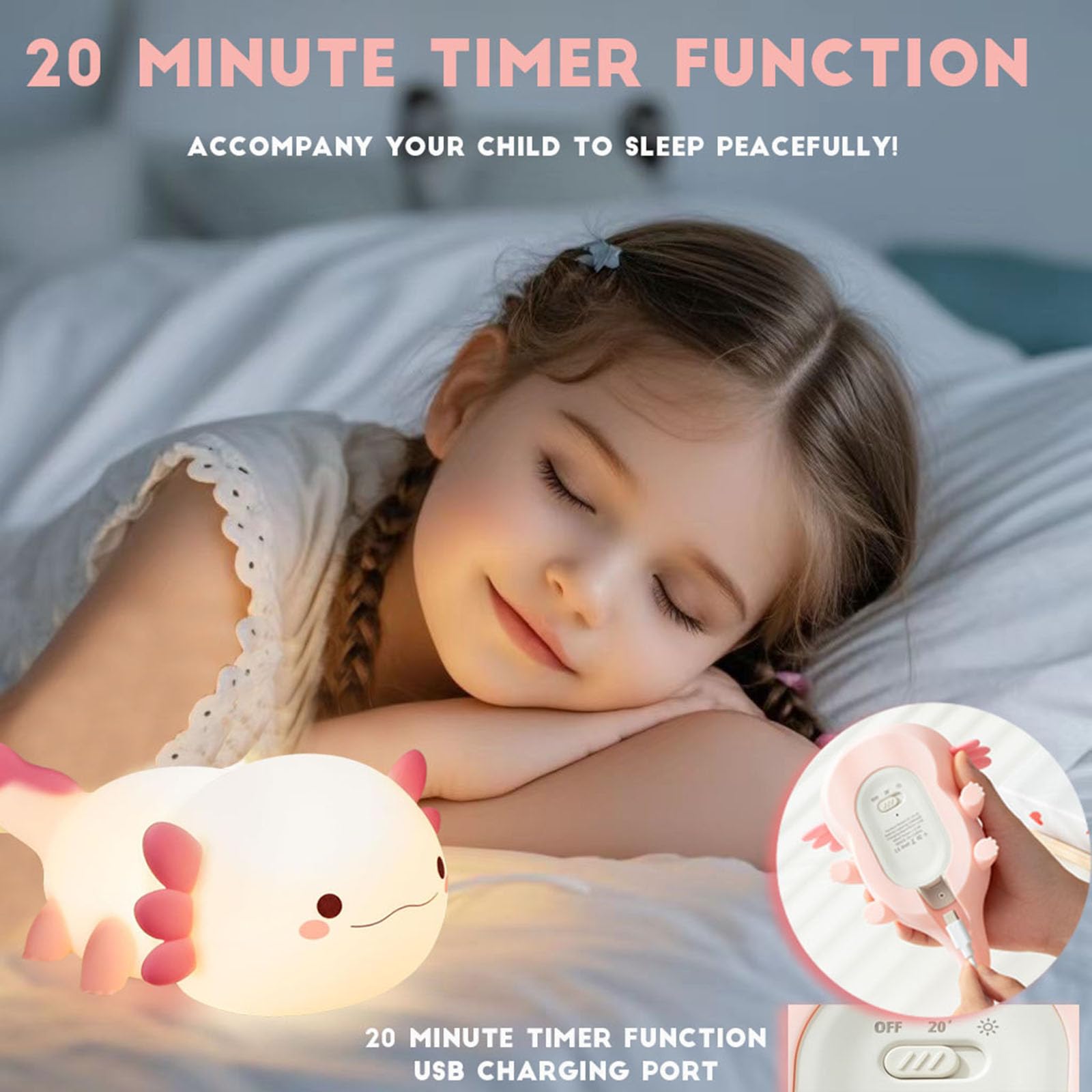 Axolotl Night Light for Kids,Cute Axolotl lamp Gifts Rechargeable Axolotl light Table Lamp Bedside Lamp,LED Animal Silicone Nursery Night Lamp Cute Room Decor Night Light for Kids Girls Boys