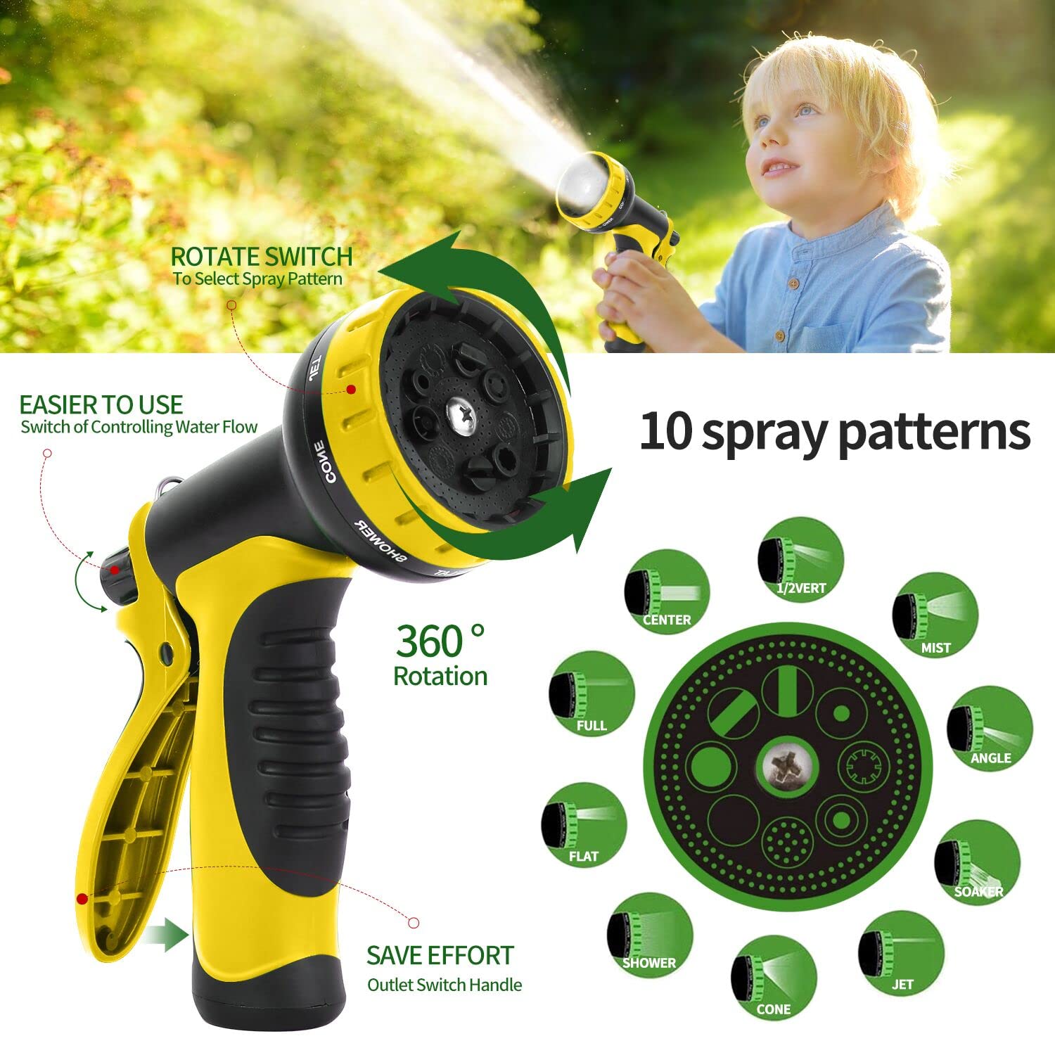 Garden Hose 50 ft x 5/8 in Heavy Duty-Flexible&Lightweight Outdoor Water Hose with 10 Pattern Spray Nozzle,Burst 600psi,Kink-less Hybrid Rubber Car Washing Pipe Hoses for Backyard,3/4''Brass Fittings