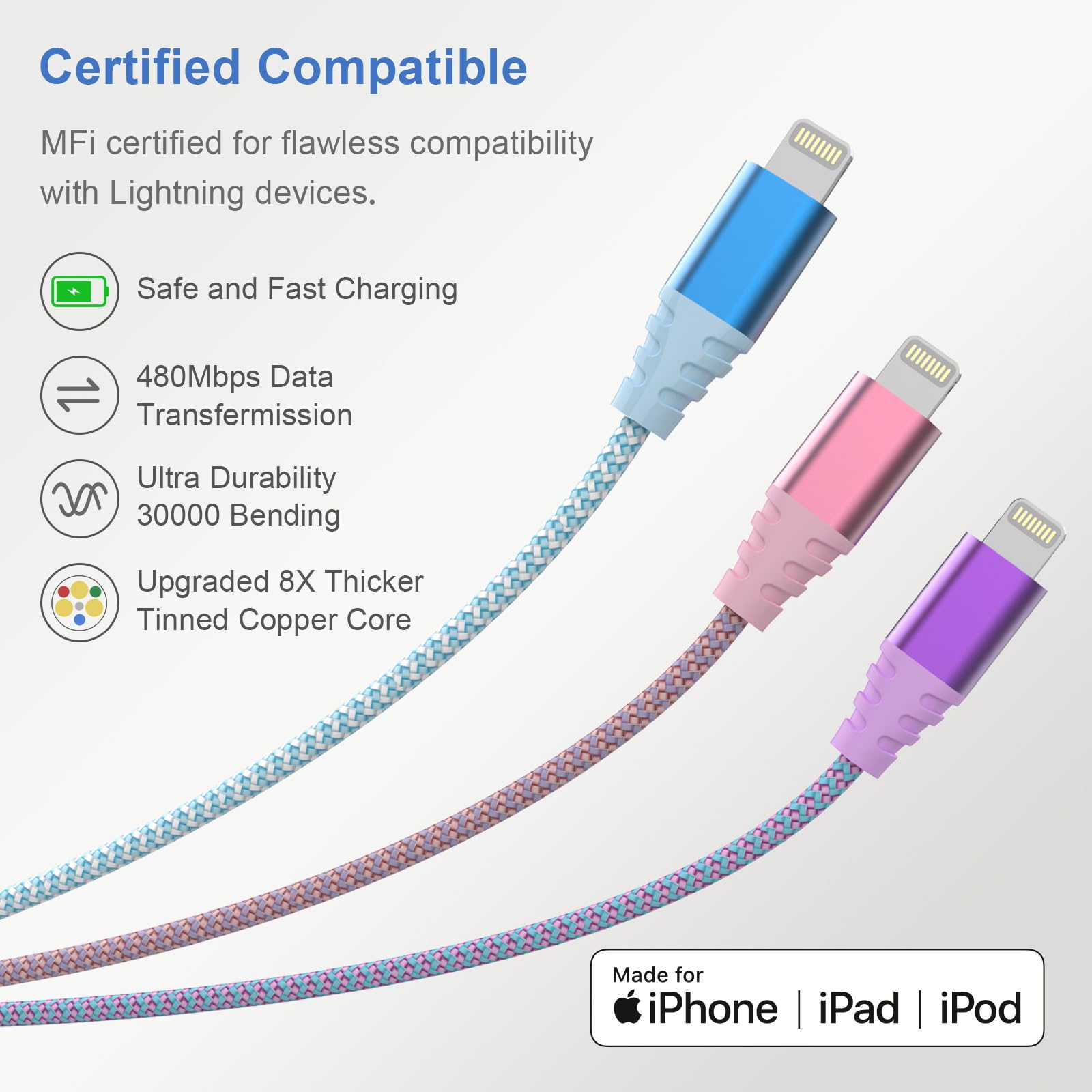 Newest iPhone Charger 3pack 6ft Apple MFi Certified Fast Charging Lightning Cable Nylon Braided iPhone Charger Cord Compatible with iPhone 14/13/12/11 Pro Max/XS MAX/XR/XS/X/8/7 Plus iPad AirPods