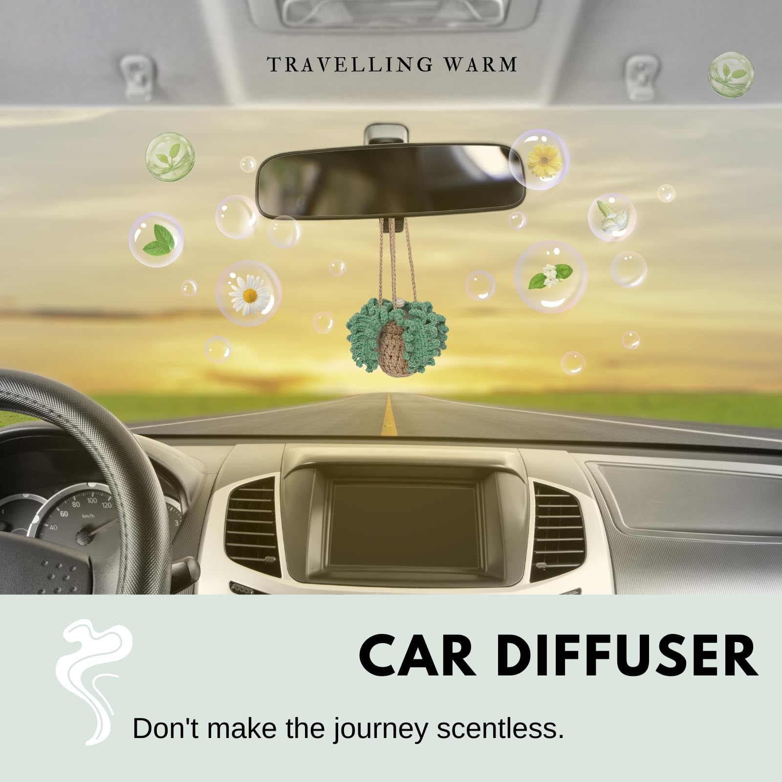 Crochet Car Air Freshener，12ml Empty Refillable Car Diffuser Bottle with Cute Potted Plants Car Mirror Hanging Accessories Car Air Hanging Fragrance Oil Diffuser,Long Lasting Car Diffuser Bottle