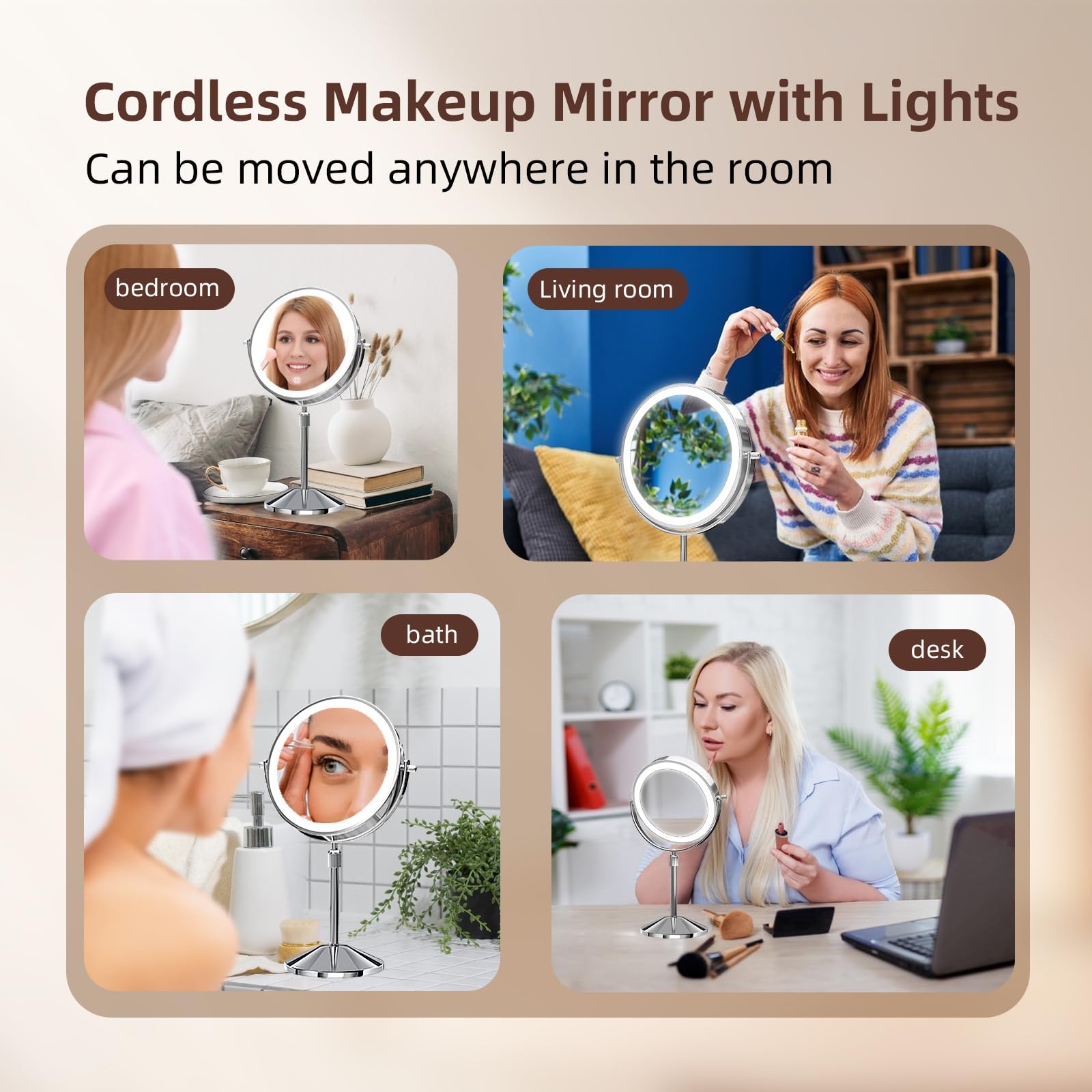 Omobolanle 7" Lighted Makeup Mirror, 10X Magnifying Mirror with Light 360° Rotation Double Sided Mirror with 3 Color Lights Brightness & Height Adjustable Rechargeable LED Light Up Mirror Silver