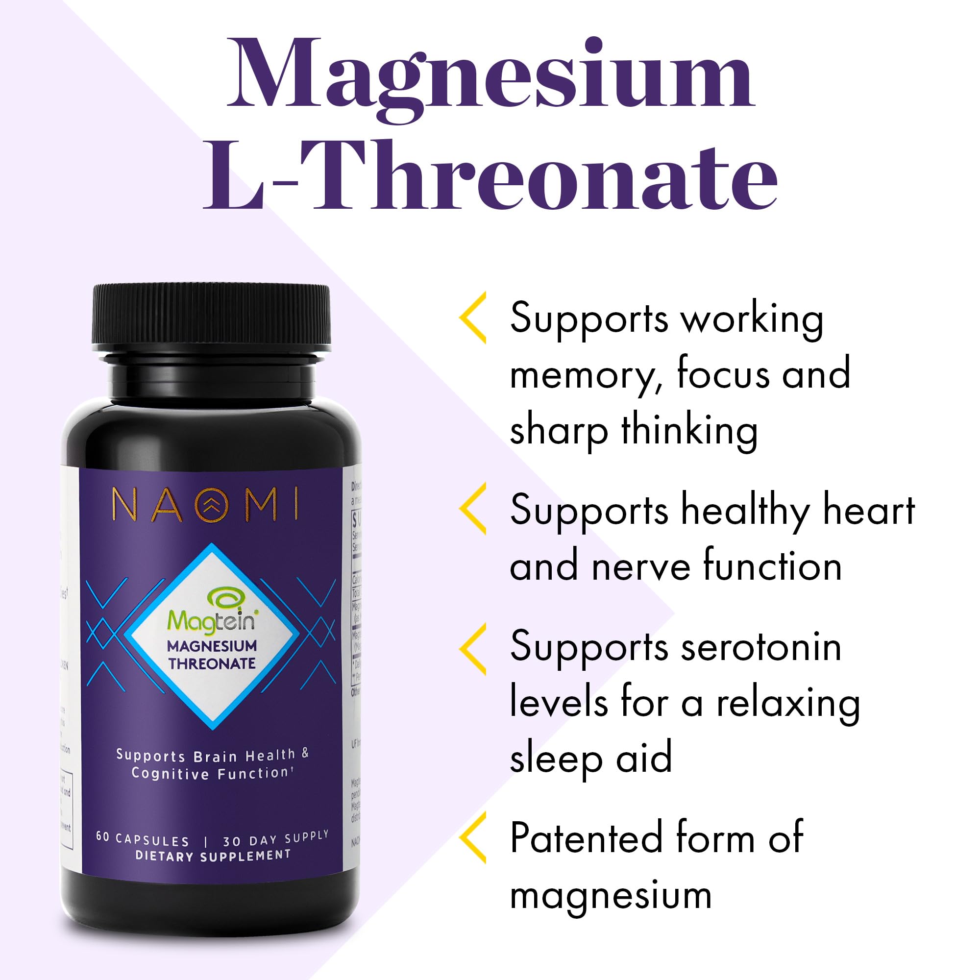 NAOMI Magnesium L-Threonate with 2,000mg Patented Magtein®, High Absorption Elemental Magnesium, Memory Supplement - Brain Health, Focus, Nerve Support, Heart Health, Natural Sleep Aid, 60 Veggie Caps