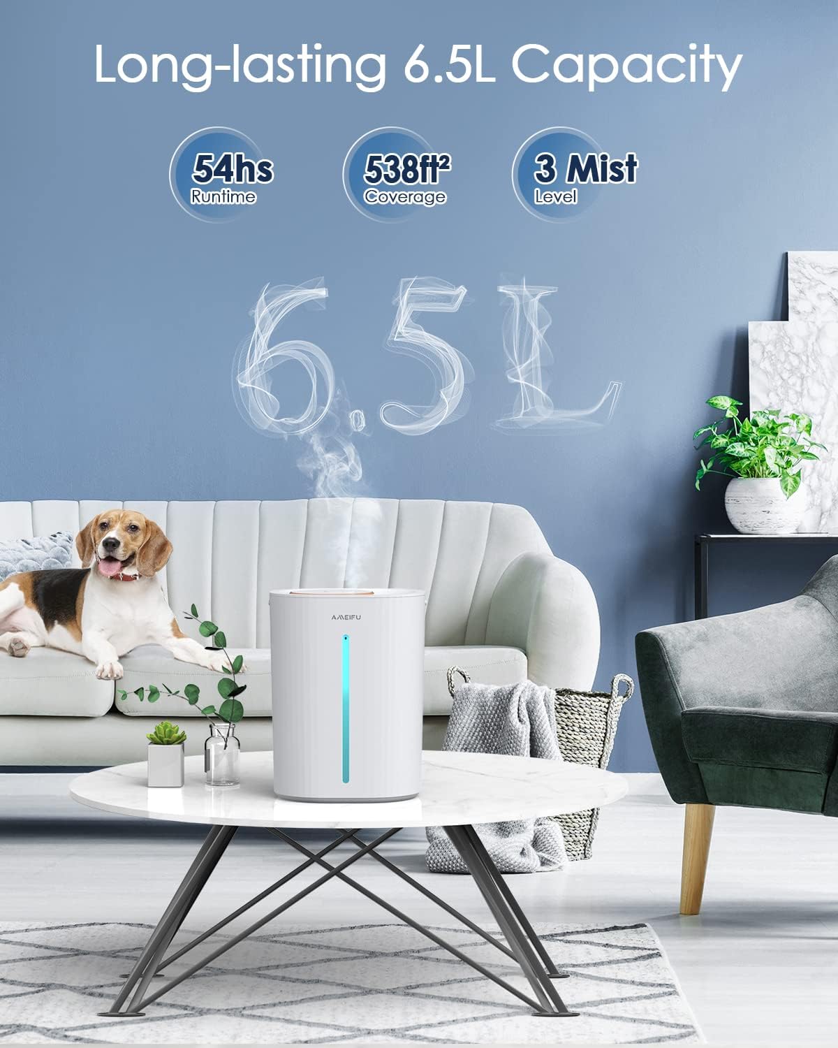 6.5L Humidifiers for Large Room Bedroom, Top Fill Humidifier, Quiet Cool Mist Humidifiers for Home, Baby, Pets, Plants, 54 Hours Run Time, Easy to Clean