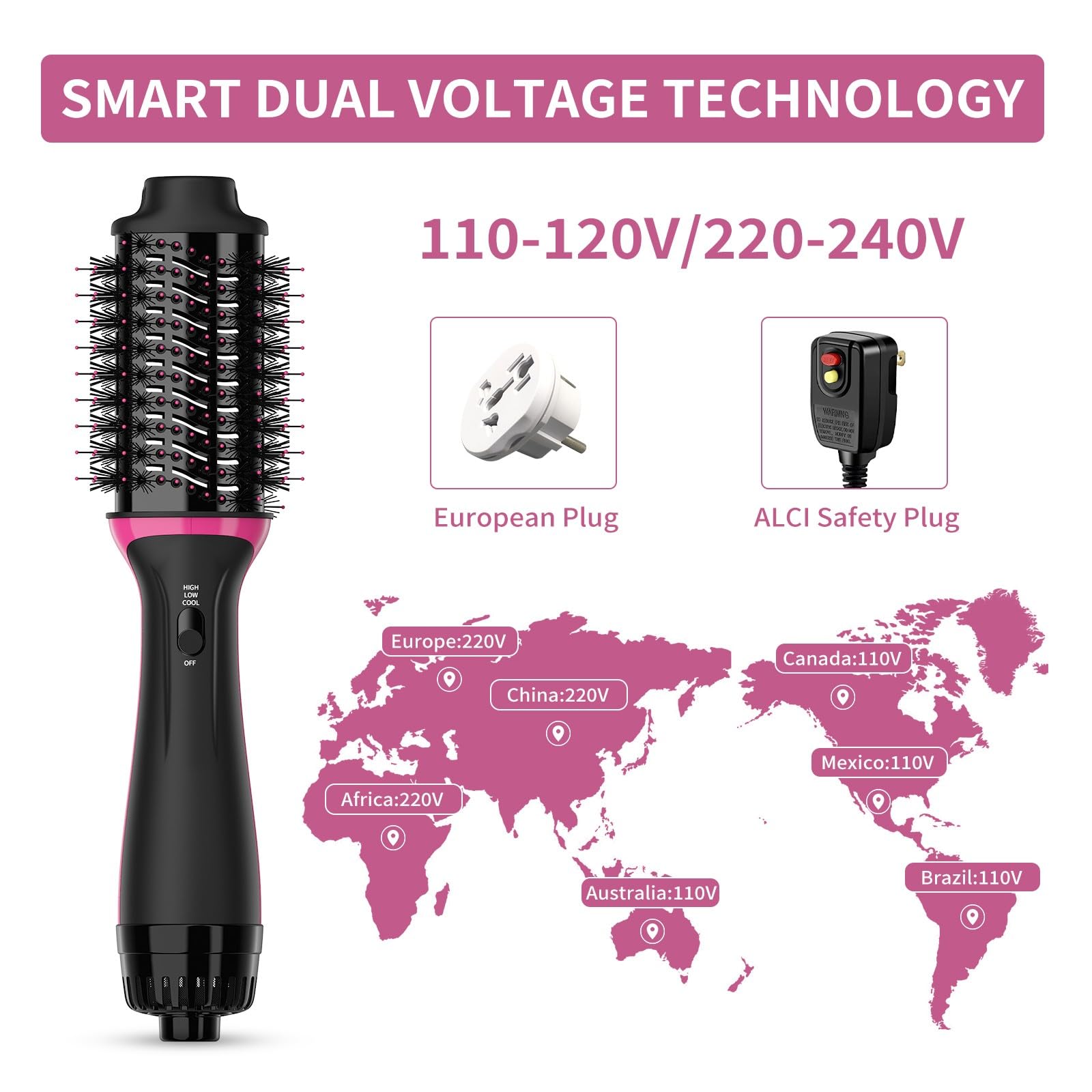 Dual Voltage Hair Dryer Brush for European Travel, 120V - 240V One Step Hair Dryer and Styler Volumizer, Professional Blow Dryer Brush with Negative Ion Anti-frizz for Drying, Straightening, Salon