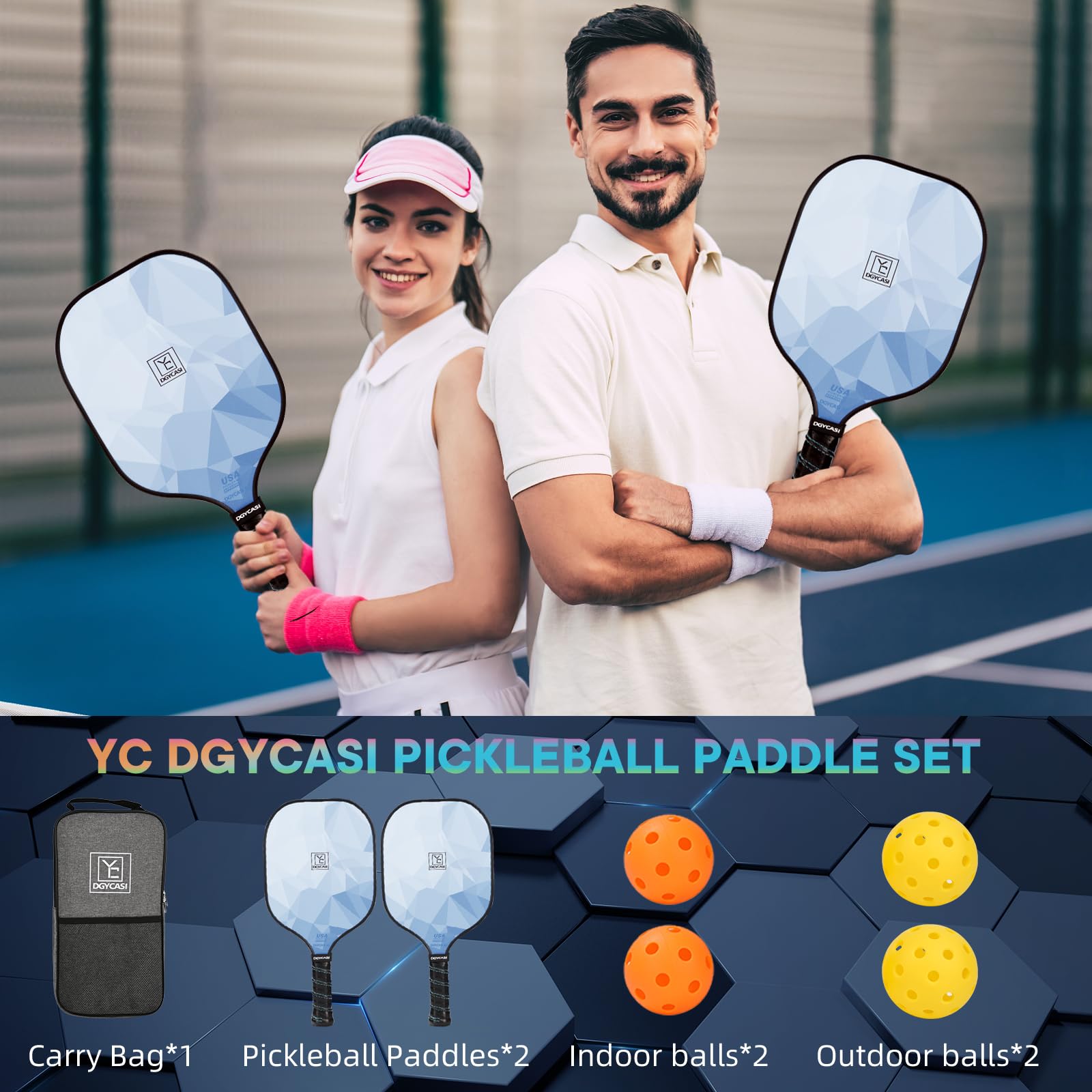 Pickleball Paddles Set of 2, 2023 USAPA Approved, Carbon Fiber Surface (CHS), Polypropylene Honeycomb Core, Anti-Slip Sweat-Absorbing Grip, 4 Pickleball, Portable Carry Bag (Blue)