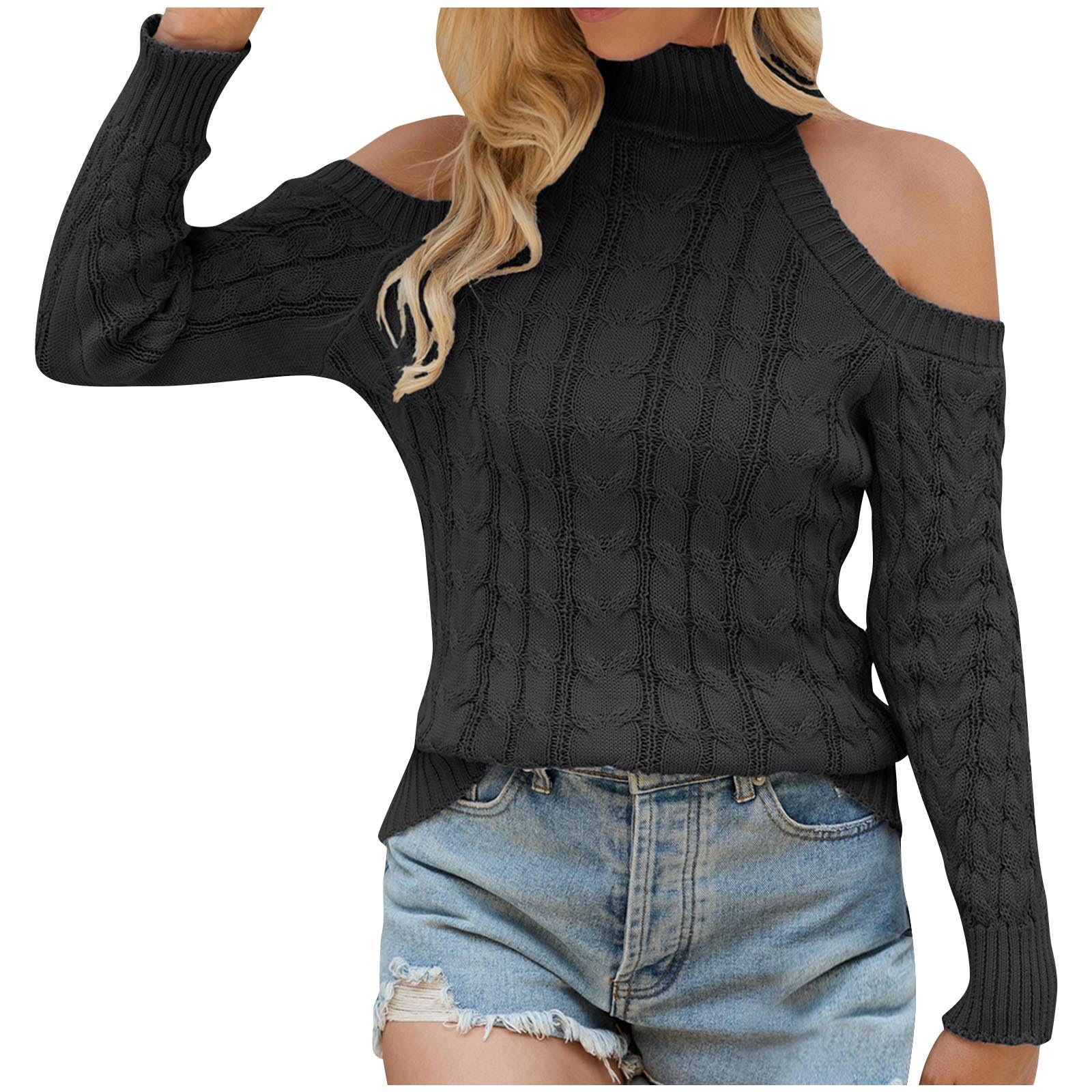 Womens Casual Cold Shoulder Turtleneck Sweaters 2024 Fall Winter Long Sleeve Loose Soft Cable Knit Pullover Jumper Tops Black