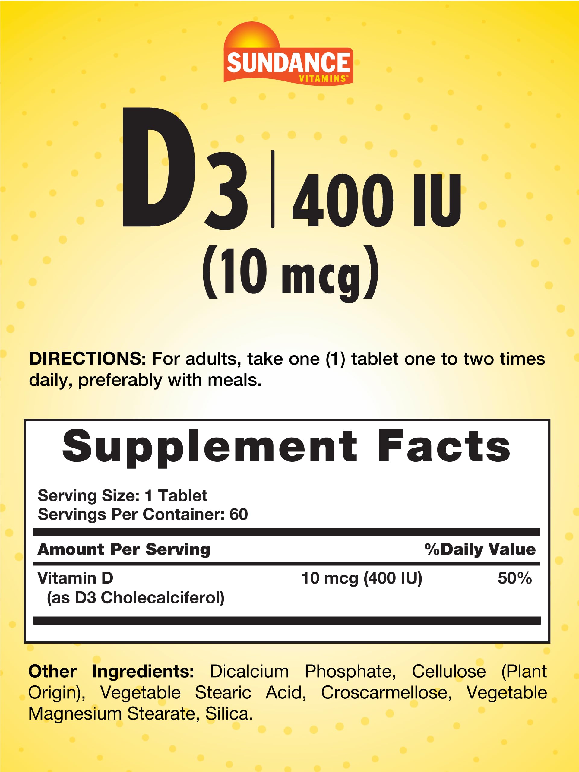 Sundance Vitamin D3 400 IU (10 mcg) | 60 Vegetarian Tablets | Essential Vitamin Supplement | Vegetarian, Non-GMO, and Gluten Free Formula