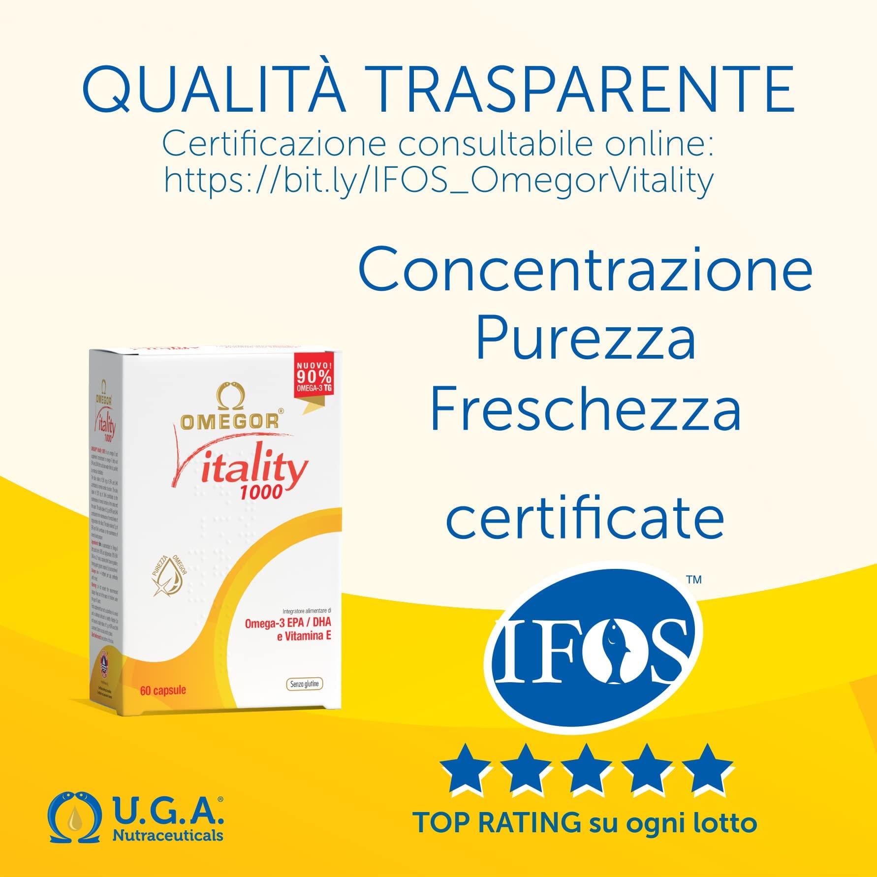 OMEGOR® Vitality 1000 with 90% Omega-3 TG! IFOS 5-Star Certified Since 2006. EPA 535mg and DHA 268mg per 2 Capsules. Minimum 90% Triglyceride Structure and Molecular Distillation | 60 Capsules