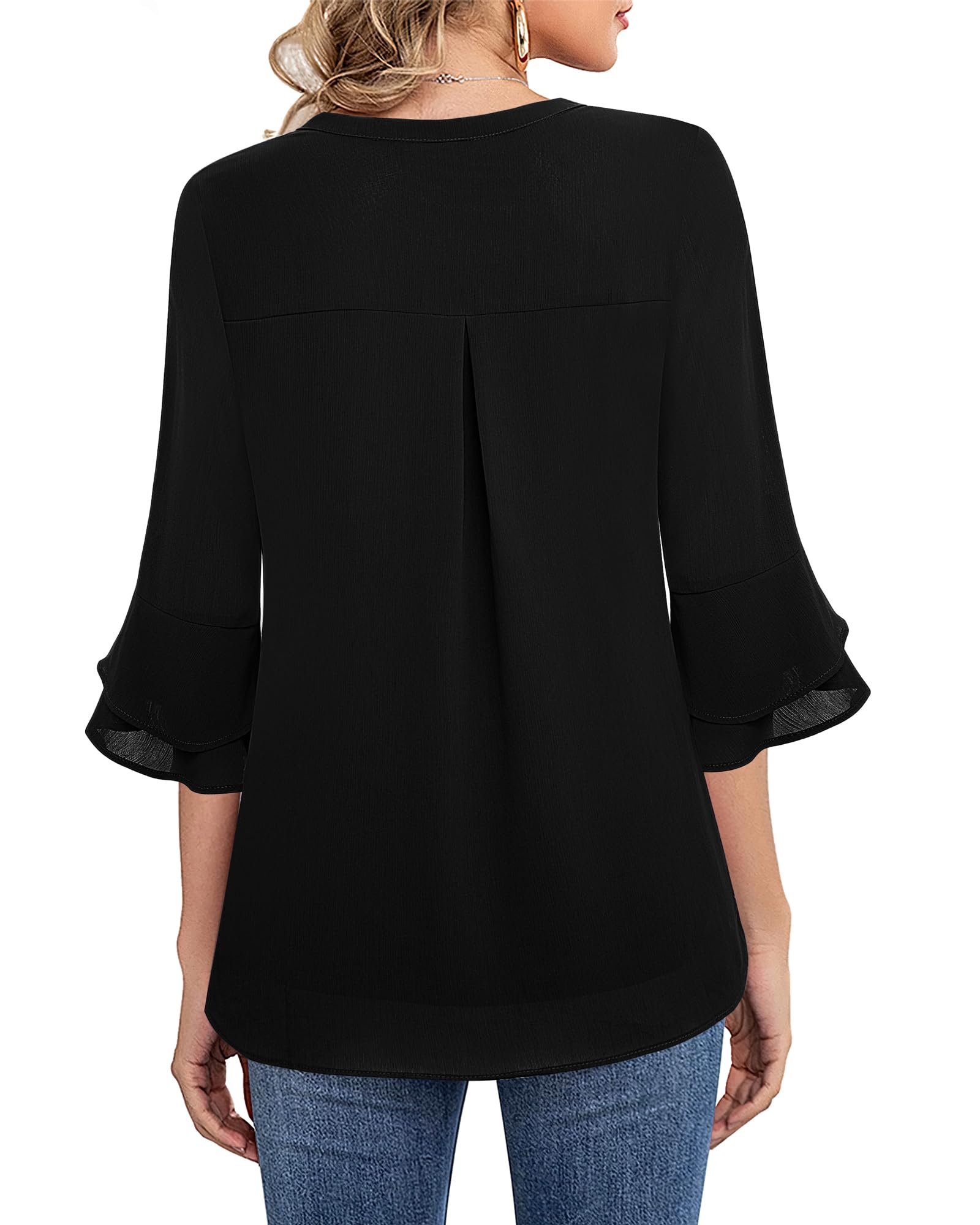 Lotusmile Blouses for Women Dressy Casual, Notch V Neck Tunic Flowy 3/4 Bell Sleeve Tops for Women Summer Chiffon Layers Elbow Length Top Loose Fitting Office Shirt Black