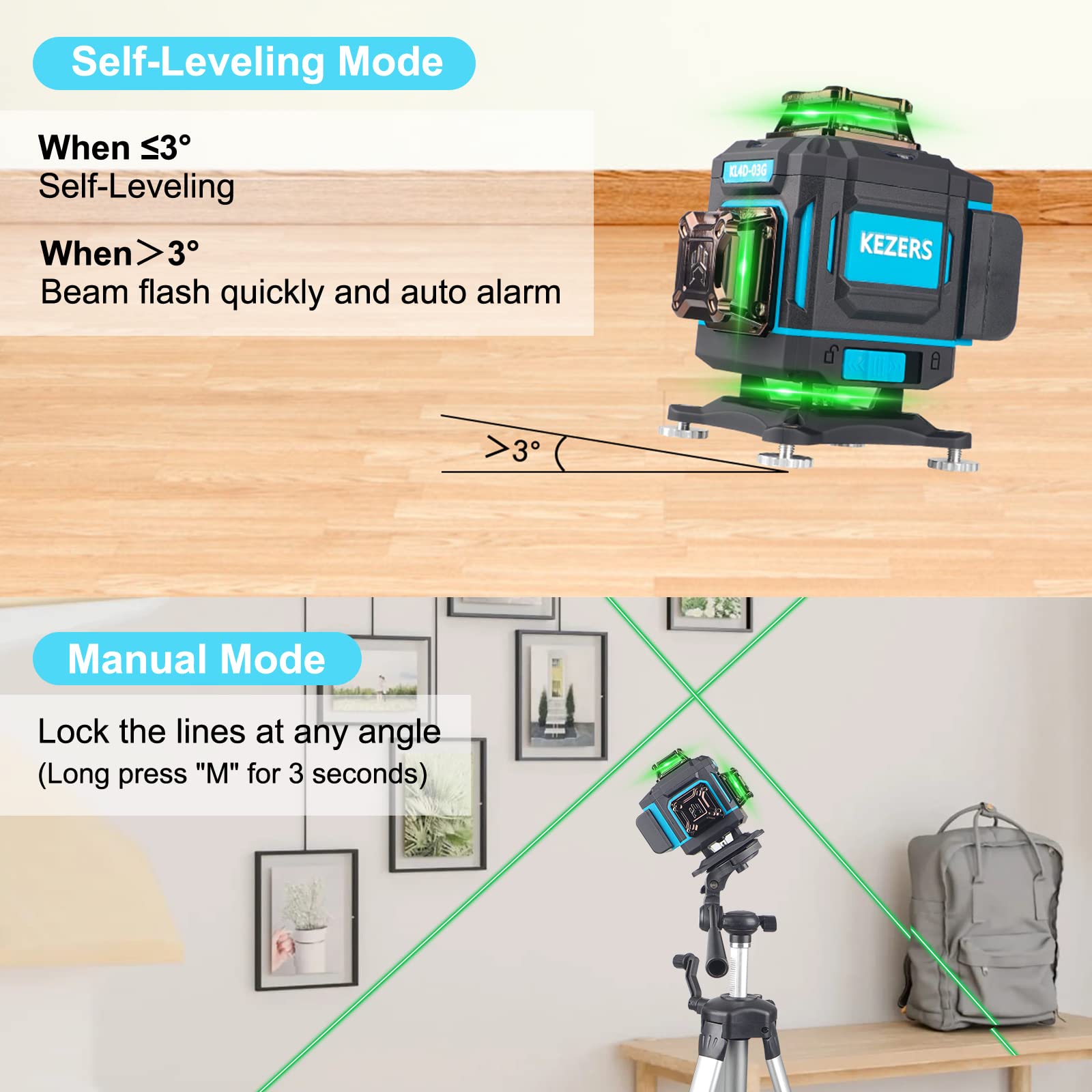 KEZERS Laser Level 360 Self Leveling,4 x 360 Laser Level with Screen Green Laser Level Line tool Leveling and Alignment Laser Tool with Pulse Mode for Construction and Picture Hanging,Remote Control