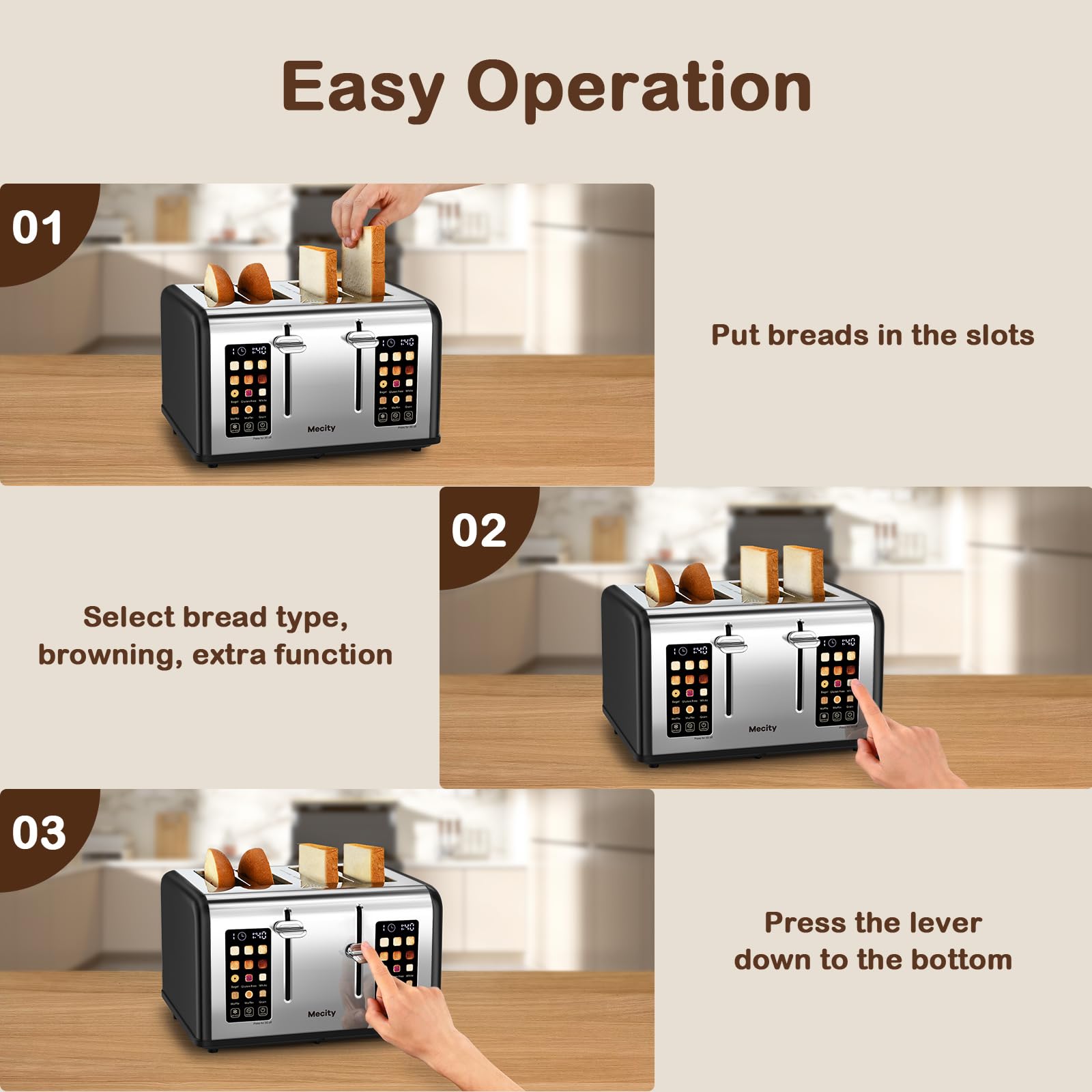 Mecity 4 Slice Toaster Touch Screen Control 4 Wide Slot, Stainless Steel Smart Bread Toaster for Bagel Muffin Waffle, Dual Control Pannel, Timer, Defrost, Reheat, 120V 1650W