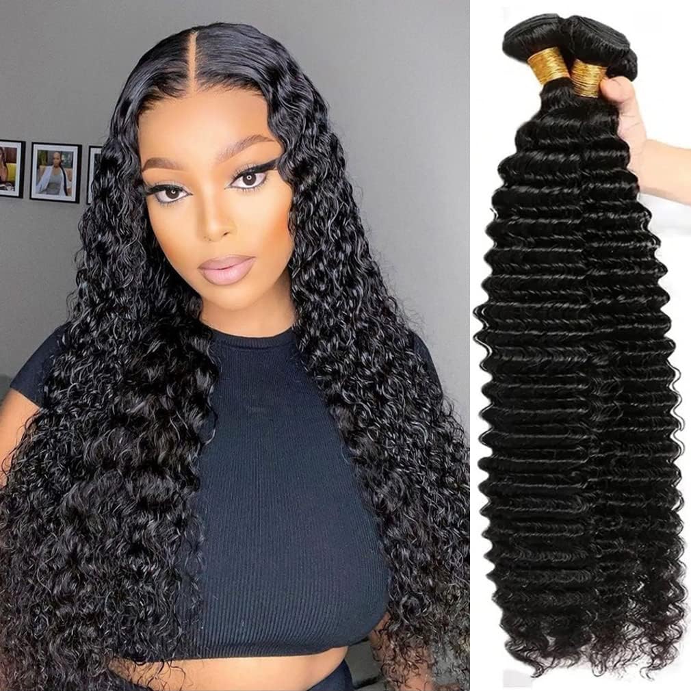 Deep Wave Bundles Human Hair Brazilian Virgin Hair Bundles（18 20 22 inch）Curly Bundles Wet and Wavy Human Hair Weave Bundles Double Weft Hair Weave Natural Black