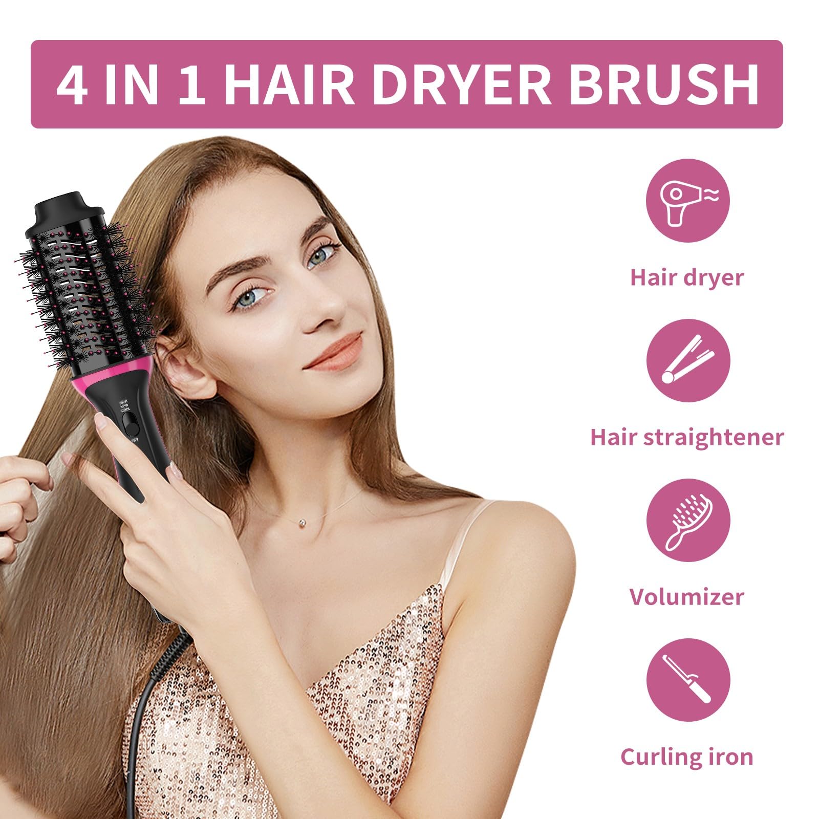 Dual Voltage Hair Dryer Brush for European Travel, 120V - 240V One Step Hair Dryer and Styler Volumizer, Professional Blow Dryer Brush with Negative Ion Anti-frizz for Drying, Straightening, Salon