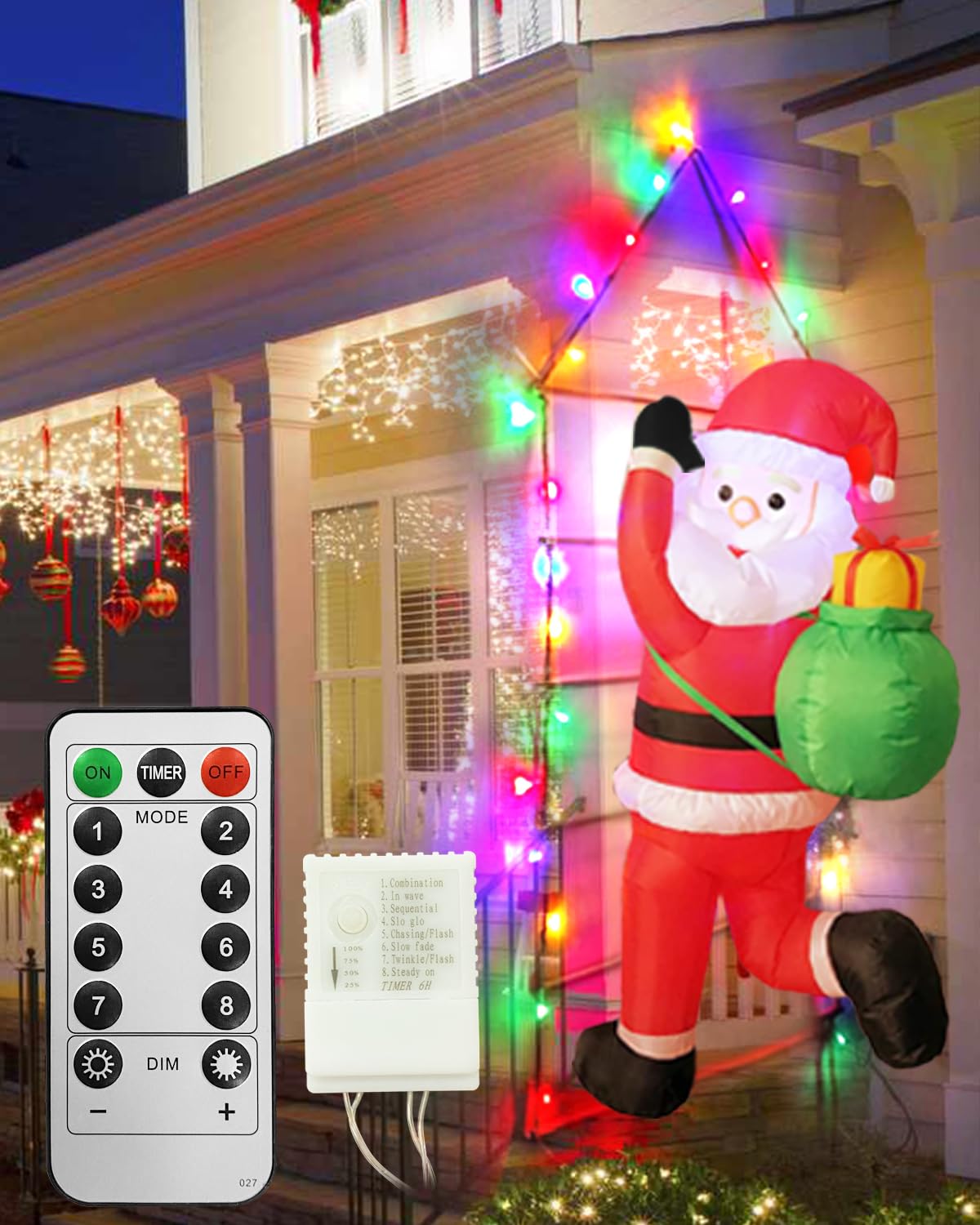 5FT Christmas Inflatable Santa Claus Has Built-in LED Light, Inflatable Santa Claus Ladder Lights with 8 Modes, Dimming, Christmas Decorations Lights for Window Wall Garden Outdoor Indoor Holiday Xmas