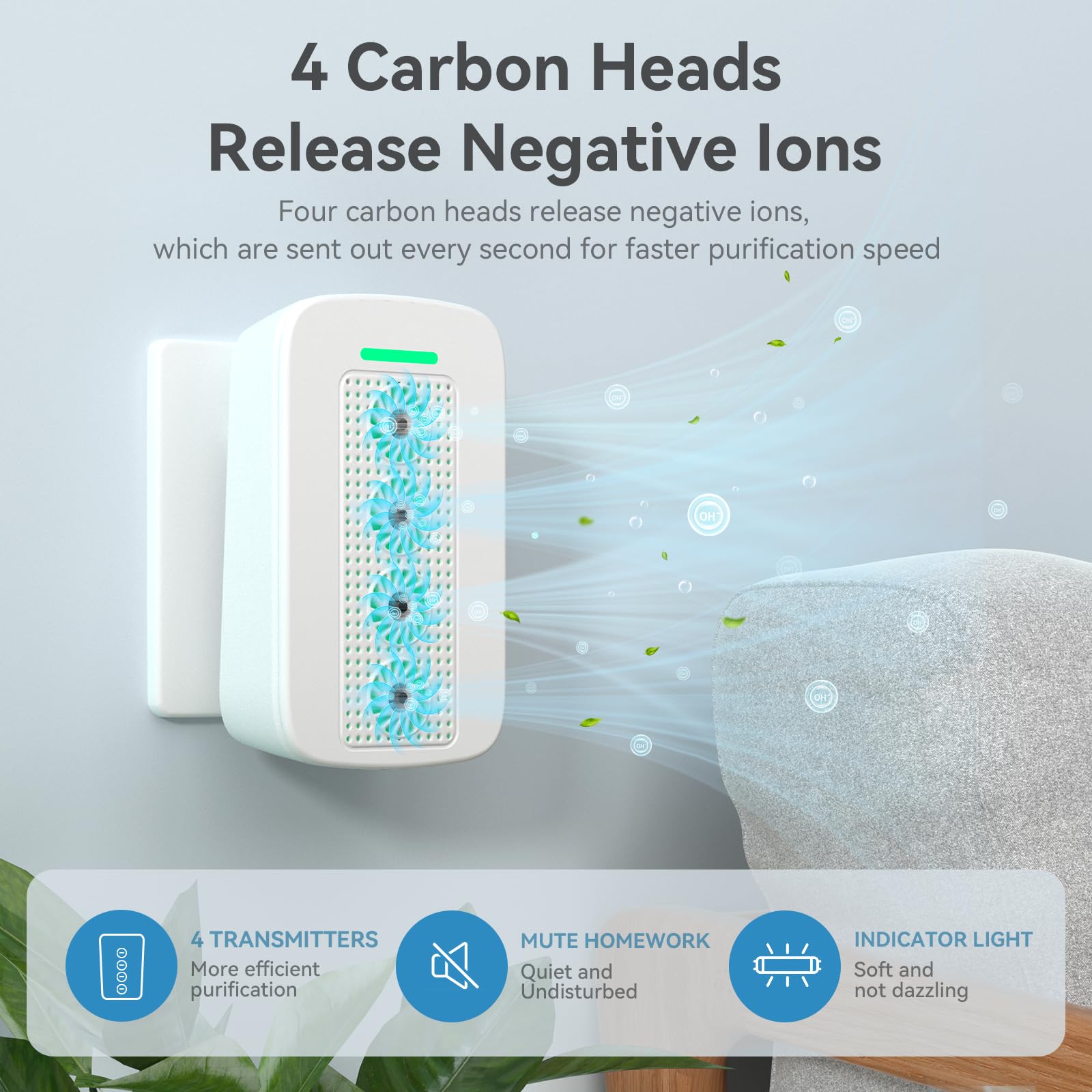 REPBLER Air Ionizers for Home (4 Pack), 99% Odor Eliminator for Pet Odors, Negative Ion Plug in Air Purifiers Ionizer for Home, Bedroom for Bedroom, Kitchen, Office - Dust, Smoke Smell (Grey)