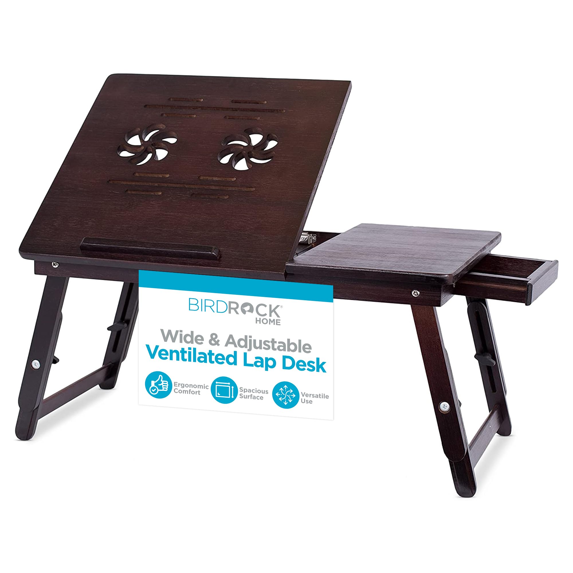 Sofia + Sam Multi Tasking & Ventilated Lap Desk | Folding & Standing Adjustable Wooden Laptop Bed Tray - Table w/Legs | Magnetic Pullout Drawer & Charger Storage | Fits Laptops Up to 15" | Walnut