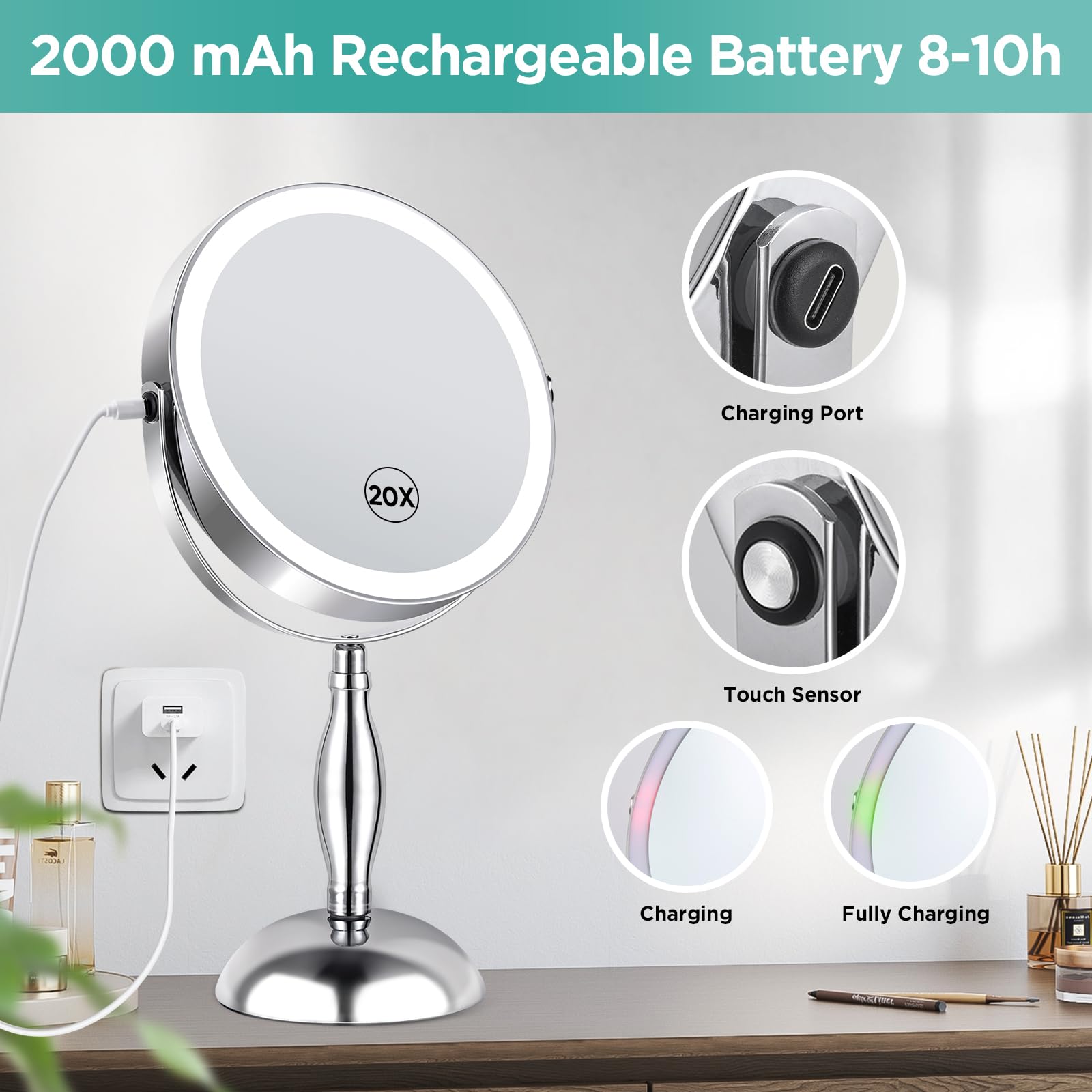 20X Magnifying Mirror with Light, Makeup Mirror with Lights: SCT- Side Charging & Side Touch Switch, Vanity Mirror with 3 Color Light and 2-Side 360° Rotation Double Sided Standing Desk Mirror