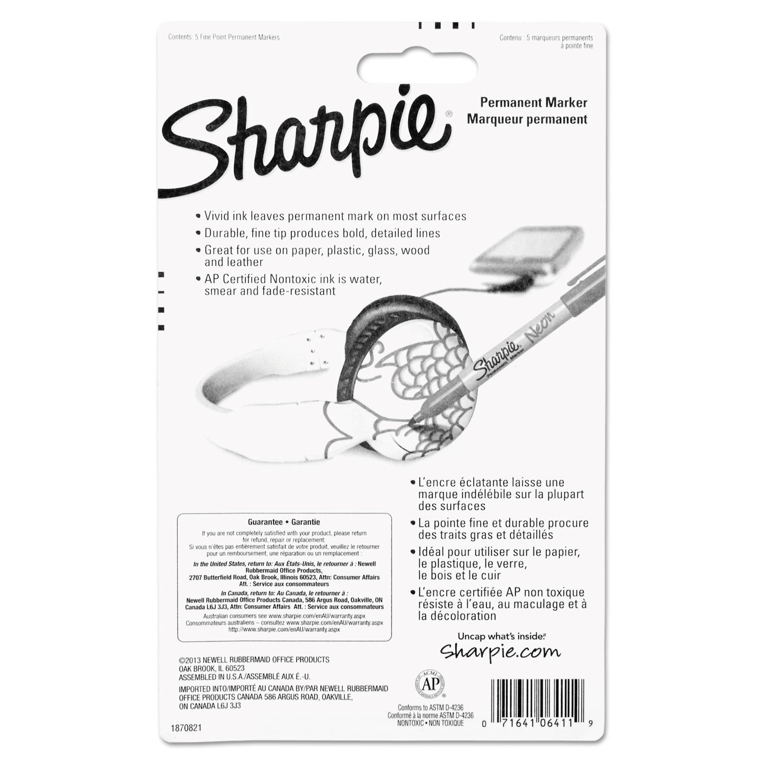 Sharpie 1860443 Neon Permanent Markers Assorted 5/Pack