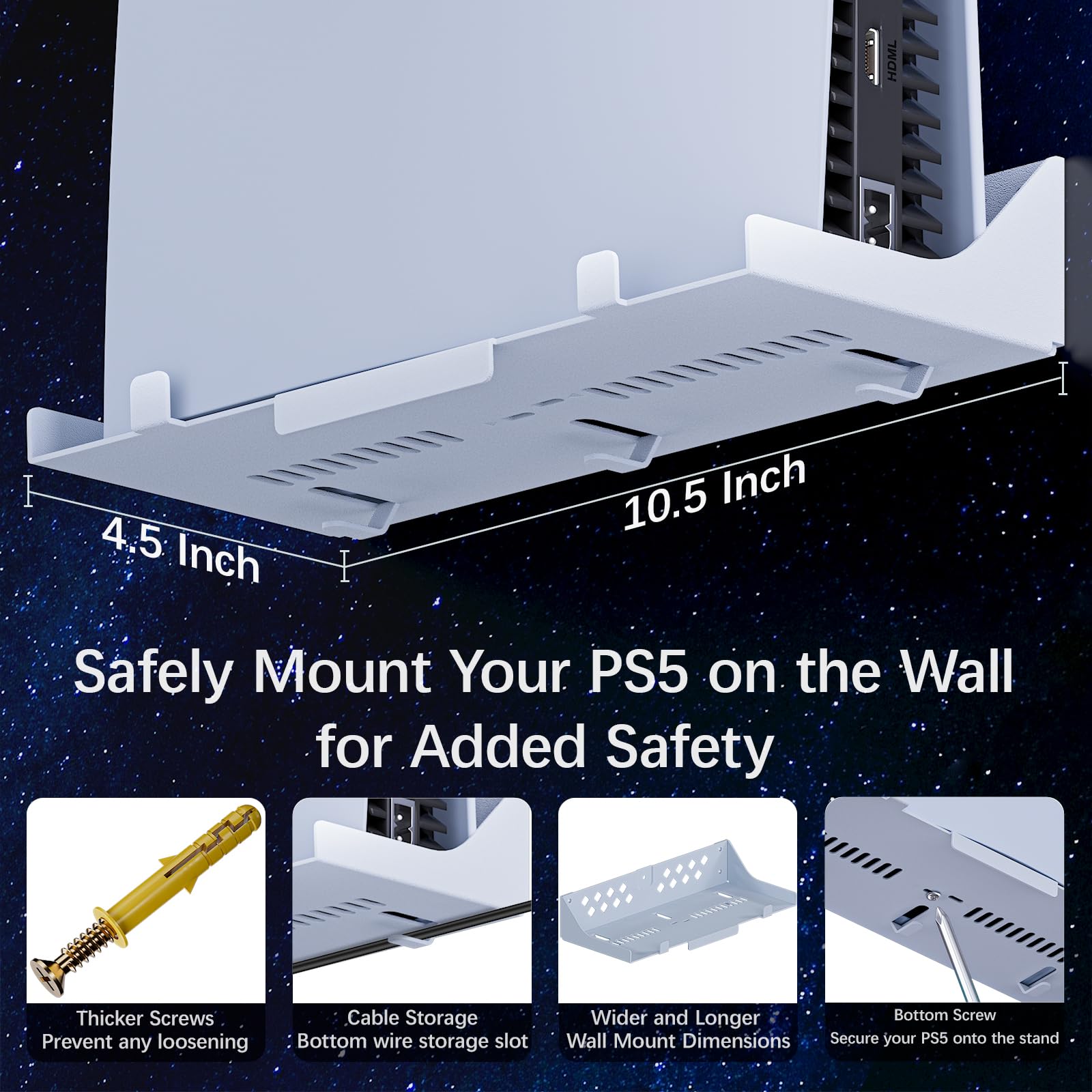 Hosanwell PS5 Wall Mount Kit with Charging Station, Compatible with PS5 and PS5 Slim Disc & Digital Version, Dual Use Charging Station with Multi-Mode RGB Light, White