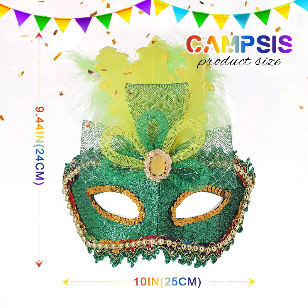 Campsis Masquerade Mask Green Mardi Gras Mask Feather Carnival Mask Venetian Costume Mask Party Favors for Women and Girls