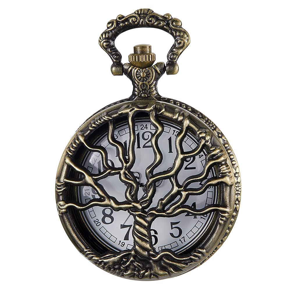 Whodoit Vintage Bronze Pocket Watch Tree Hollow Quartz Watch Men Pendant Necklace Gifts Watches