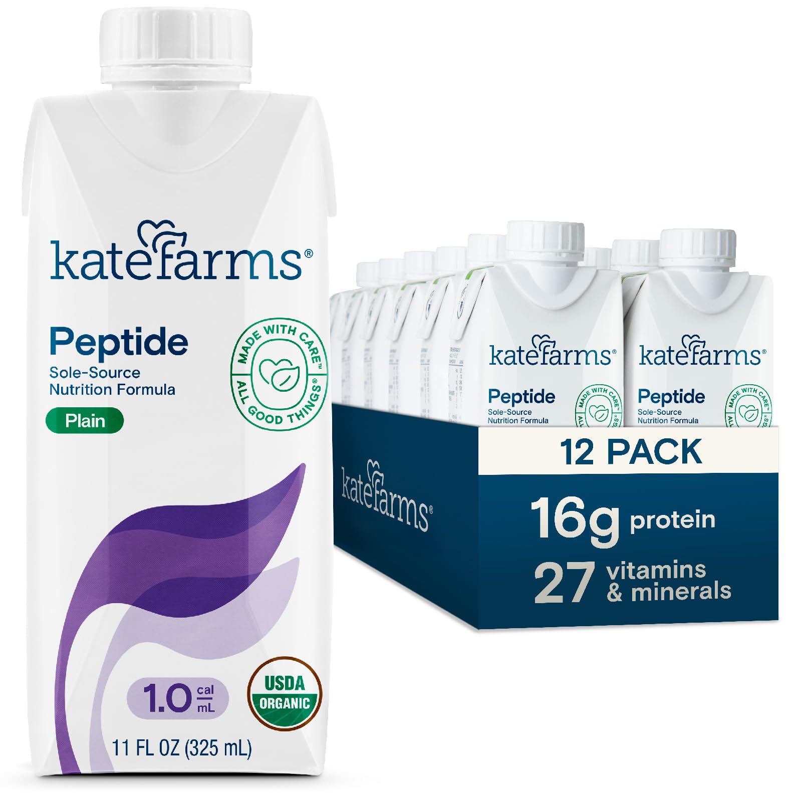 KATE FARMS Organic Adult Peptide 1.0 Formula, Plain, Sole-Source, Hydrolyzed Plant-Based Nutrition for Oral or Tube Feeding, 11 Fl oz (12 Pack)