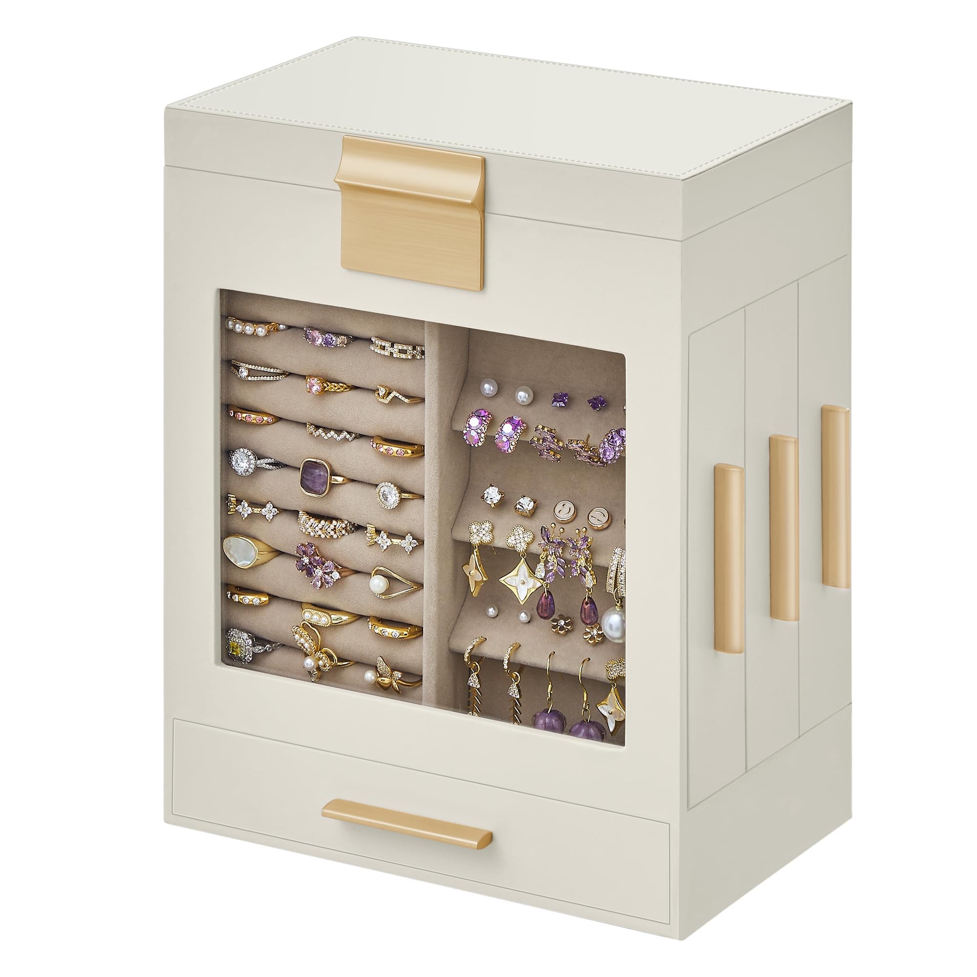 SONGMICS Jewelry Box with Glass Window, 5-Layer Jewelry Organizer with 3 Side Drawers, Jewelry Storage, with Big Mirror, Mother's Day Gifts, 5.1 x 7.9 x 9.7 Inches, Cloud White and Metallic Gold