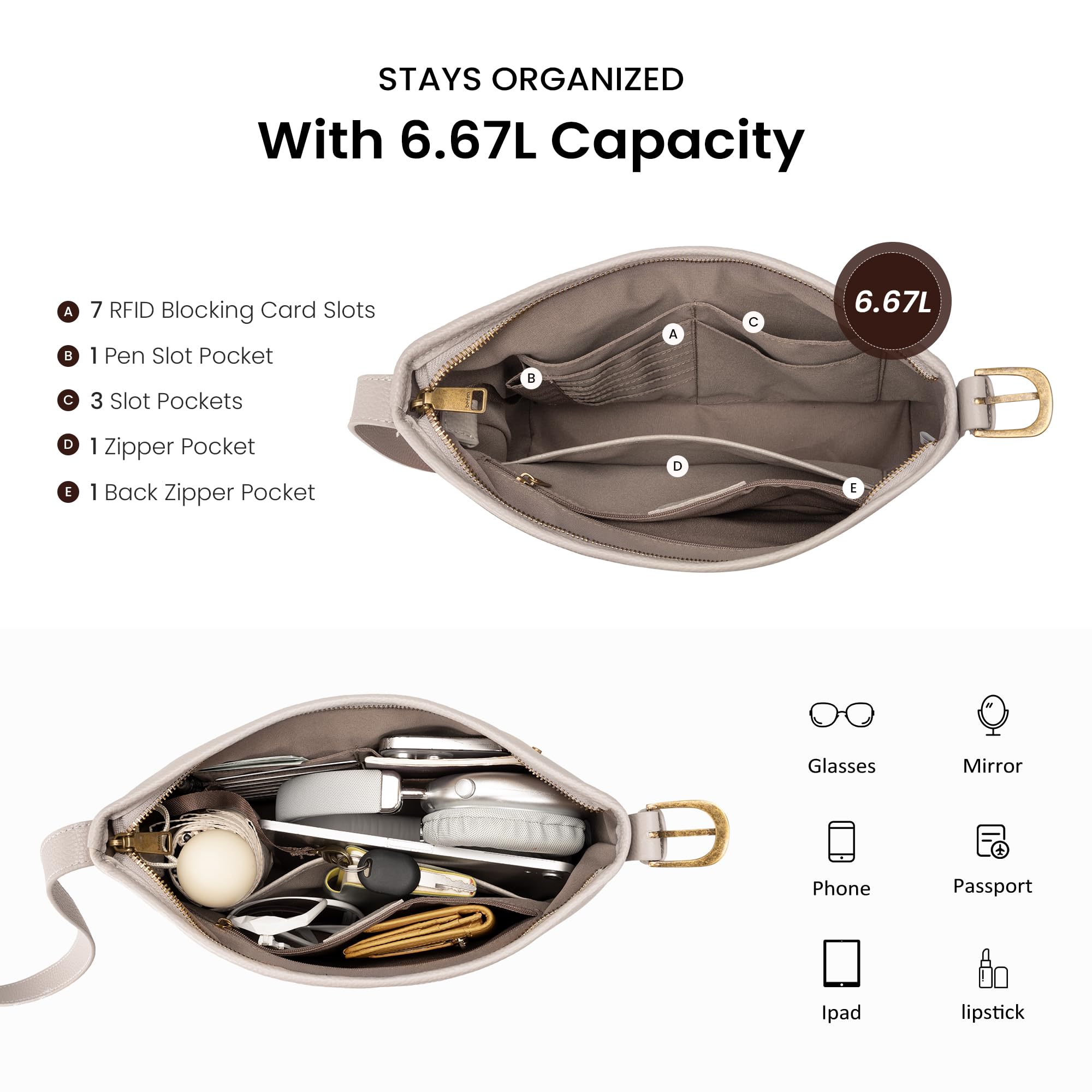 befen Genuine Leather Purse for Women Medium Size RFID Crossbody Bags for Women Travel Soft Real Leather Hobo Bags with 7 Card Slots Designer Shoulder Handbag with Adjustable Strap for Everyday, Gray