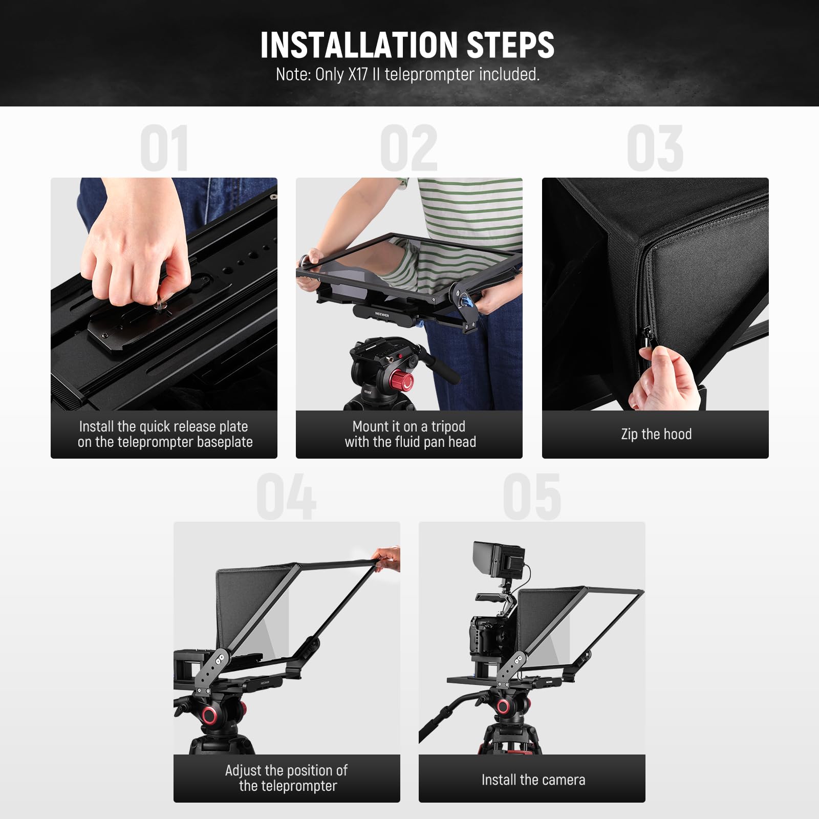 NEEWER Teleprompter X17 II with RT113 Remote/APP Control, 17" HD Beamsplitter All Metal Frame Upgraded Camera Mount QR Plate Compatible with Manfrotto 501PL iPad iPhone, Max Load 44.1Ib, Assembly Free