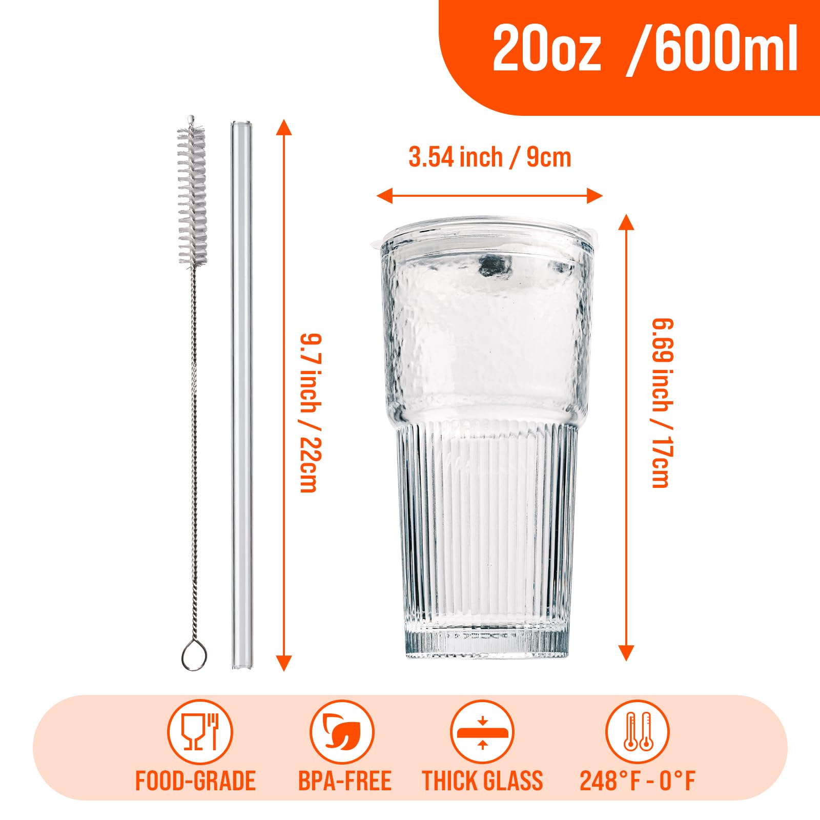 20oz Glass Tumblers with Lids and Straws - Stylish Vintage Ribbed Design for Iced Coffee, Juice, Smoothies, Milkshakes, Cold Beverages & Whiskey Cocktail Beer - Includes Cleaning Brush (2pack-Frosted)