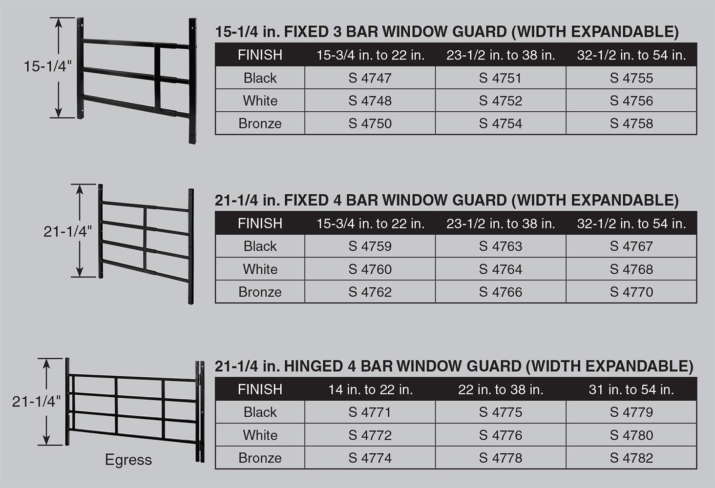 Segal S 4768 Carbon Steel Fixed 4-Bar Window Grill for Home Security and Child Safety, 21-1/4 In., White Black (1 Set)