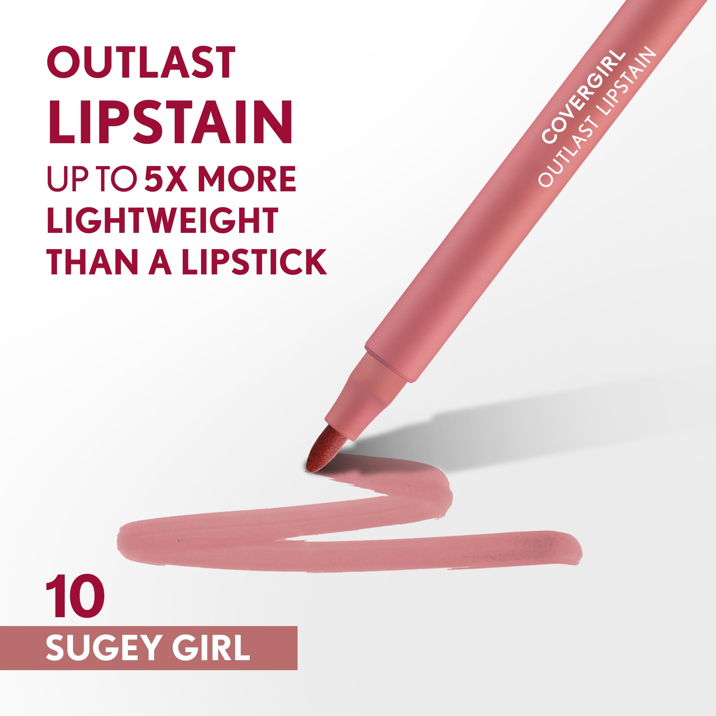 COVERGIRL Outlast, 10 Sugey Girl, Lipstain, Smooth Application, Precise Pen-Like Tip, Transfer-Proof, Satin Stained Finish, Vegan Formula, 0.06oz