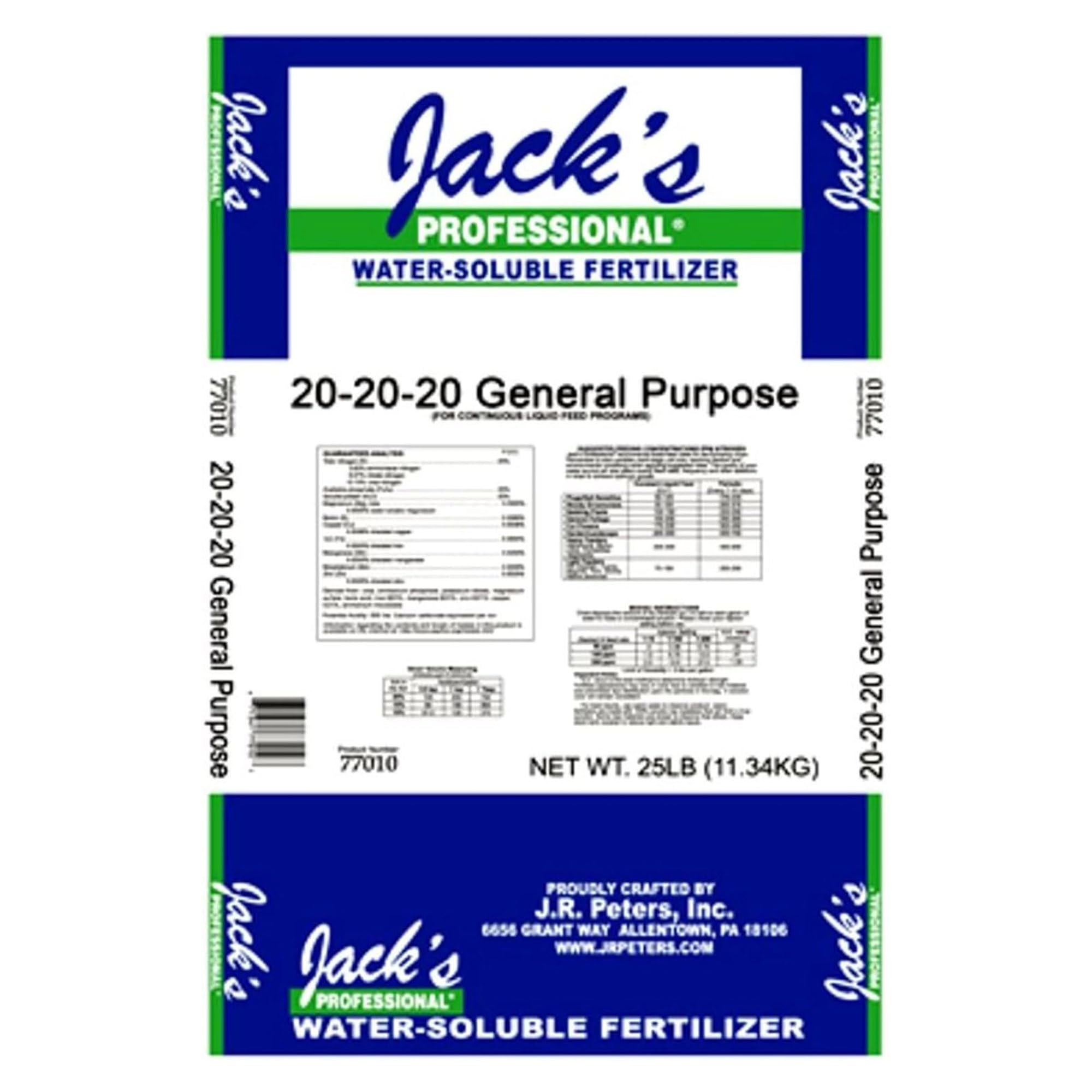 Jack's Classic Professional 20-20-20 General Purpose Water-Soluble Fertilizer with Micronutrients for Heavy Feeding Plants in Continuous Liquid Feed Programs, 25lbs