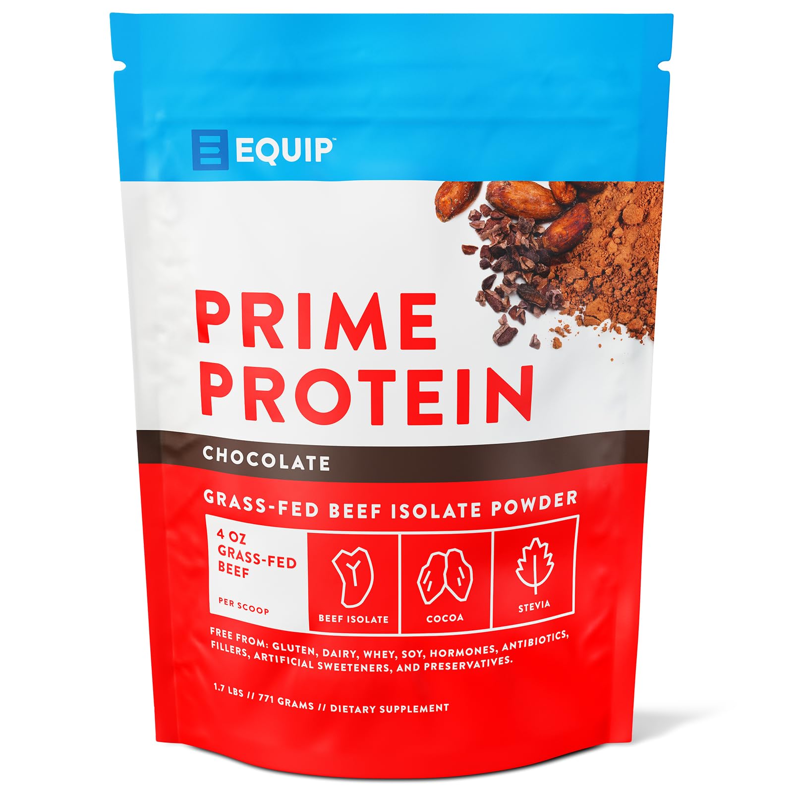 Equip Foods Prime Protein Powder | Clean, Grass Fed Beef Protein Isolate | Carnivore Protein Powder | Paleo, Keto Friendly | Gluten, Dairy Free | Helps Build & Repair Tissue | 30 Servings, Chocolate