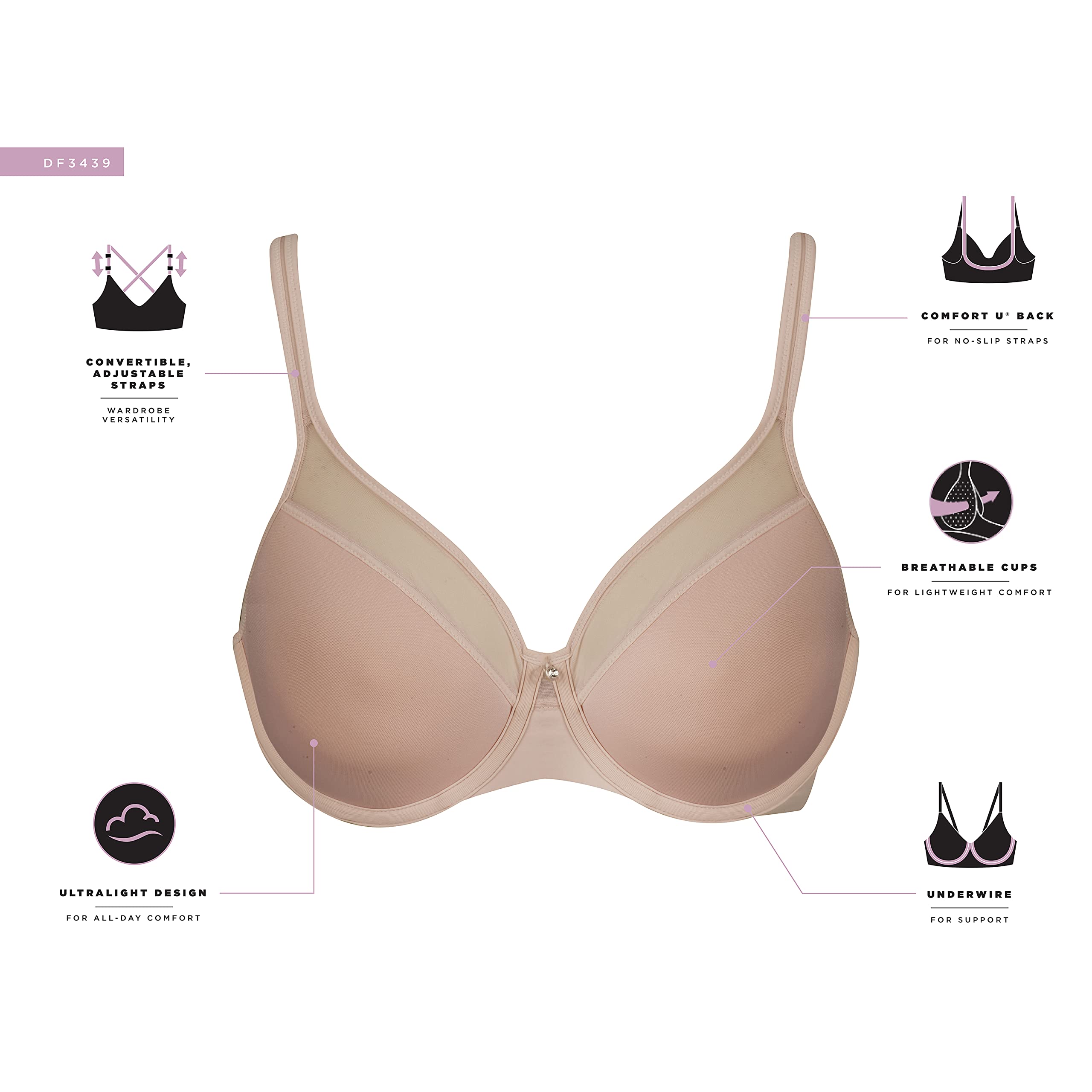 Bali Women's One Smooth U Ultra Light Convertible Bra DF3439, Hush Pink, 34C