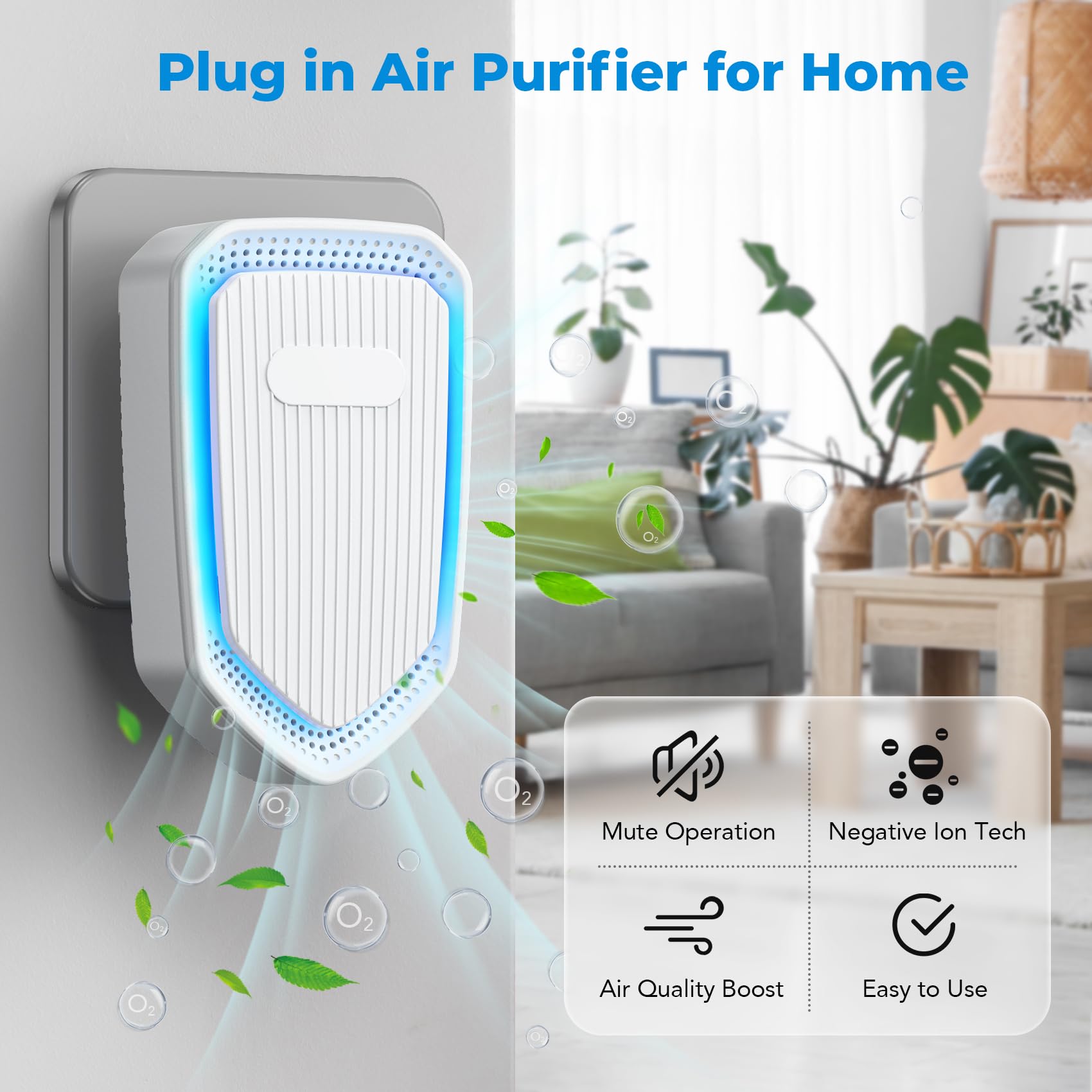Air Ionizers Plug In Negative Ion Air Purifiers Quiet Air Freshener for Home Bedroom Office Basement - Portable Mini Air Cleaner Odor, Smoke, Dust, Pet Smell (2, White)